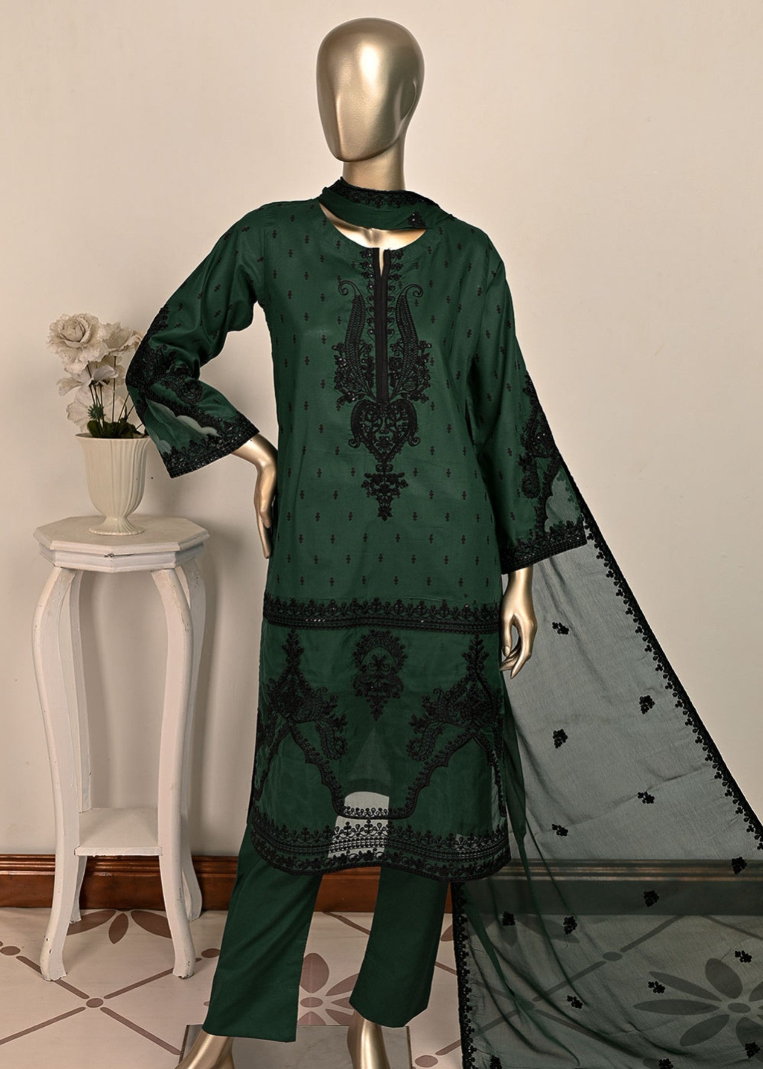 Khombi Black Arrow BZ 134 Dark Green Daily/Basic Wear Cotton Embroidered Dress Women 3pcs