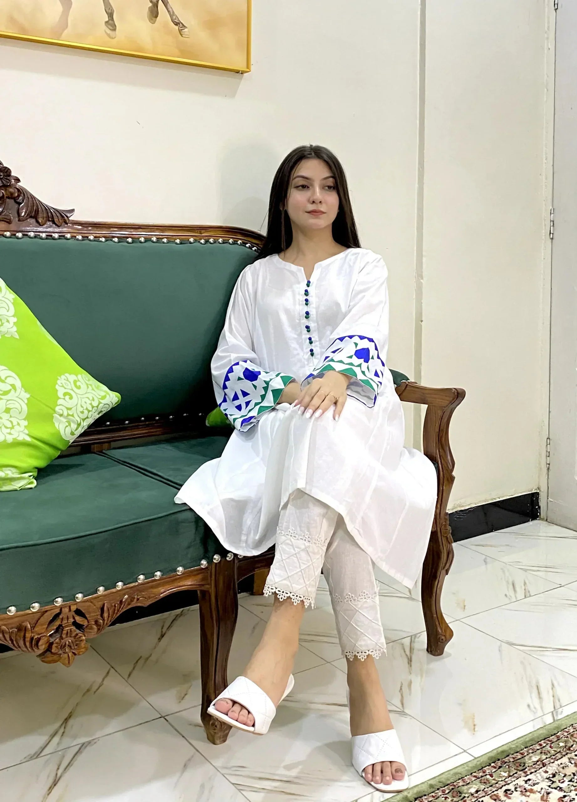 Urban Cut Stitched Breathable Cotton Printed Frock White Women 1pcs