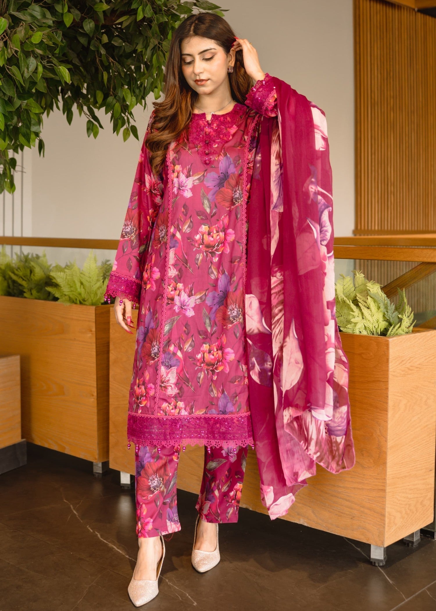 Shrenz Pret Shrenz Maroon Majesty Pret Lawn Women 3pcs