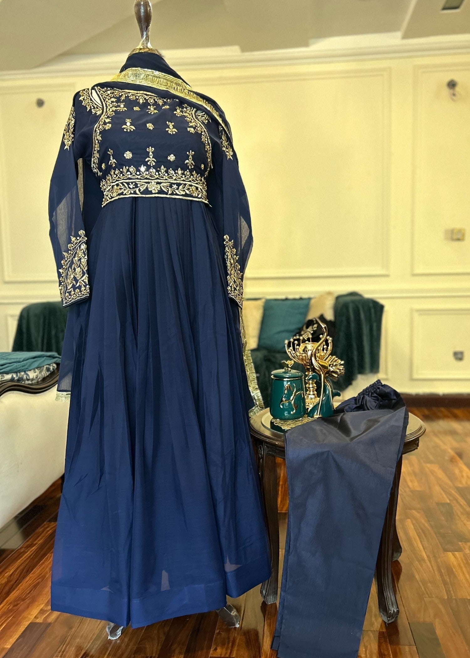 Abana Blue Pishwas Chiffon Women 3pcs