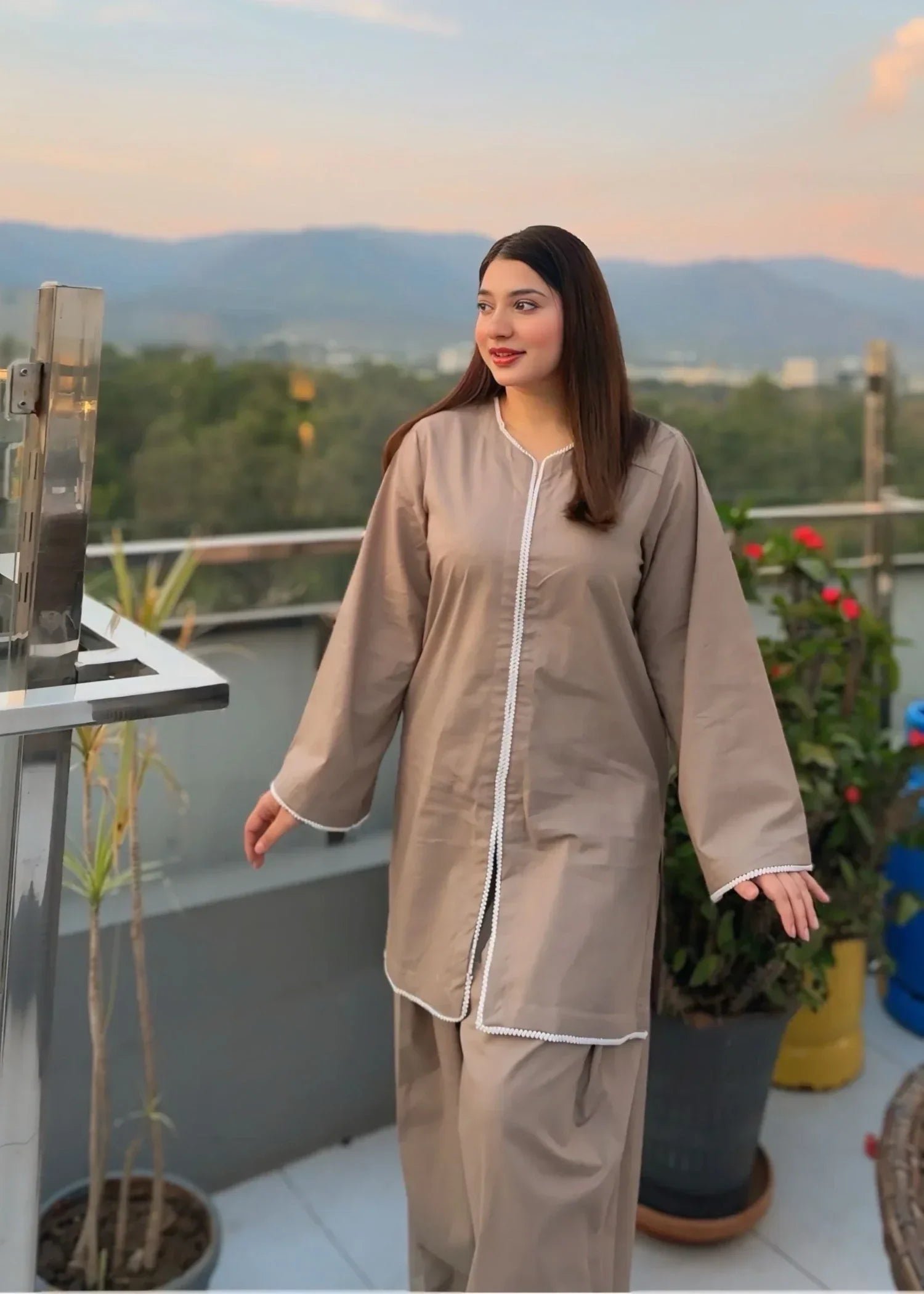 Urban Cut Cotton Embellished Co Ord Set with Farshi Shalwar TAN Women 2pcs