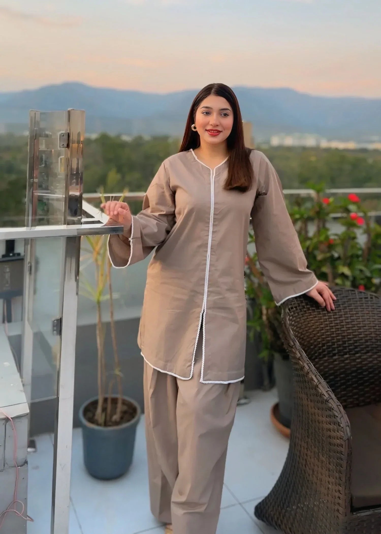 Urban Cut Cotton Embellished Co Ord Set with Farshi Shalwar TAN Women 2pcs