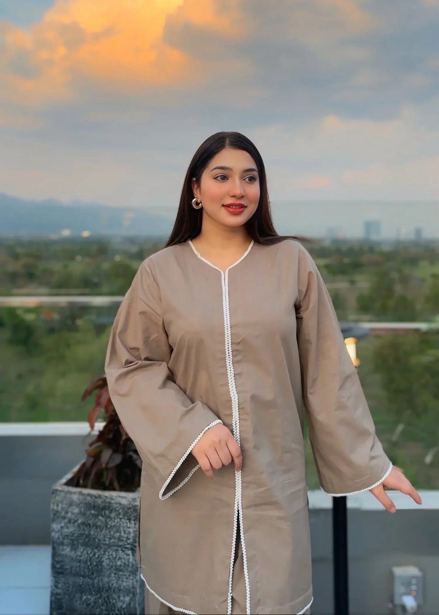 Urban Cut Cotton Embellished Co Ord Set with Farshi Shalwar TAN Women 2pcs