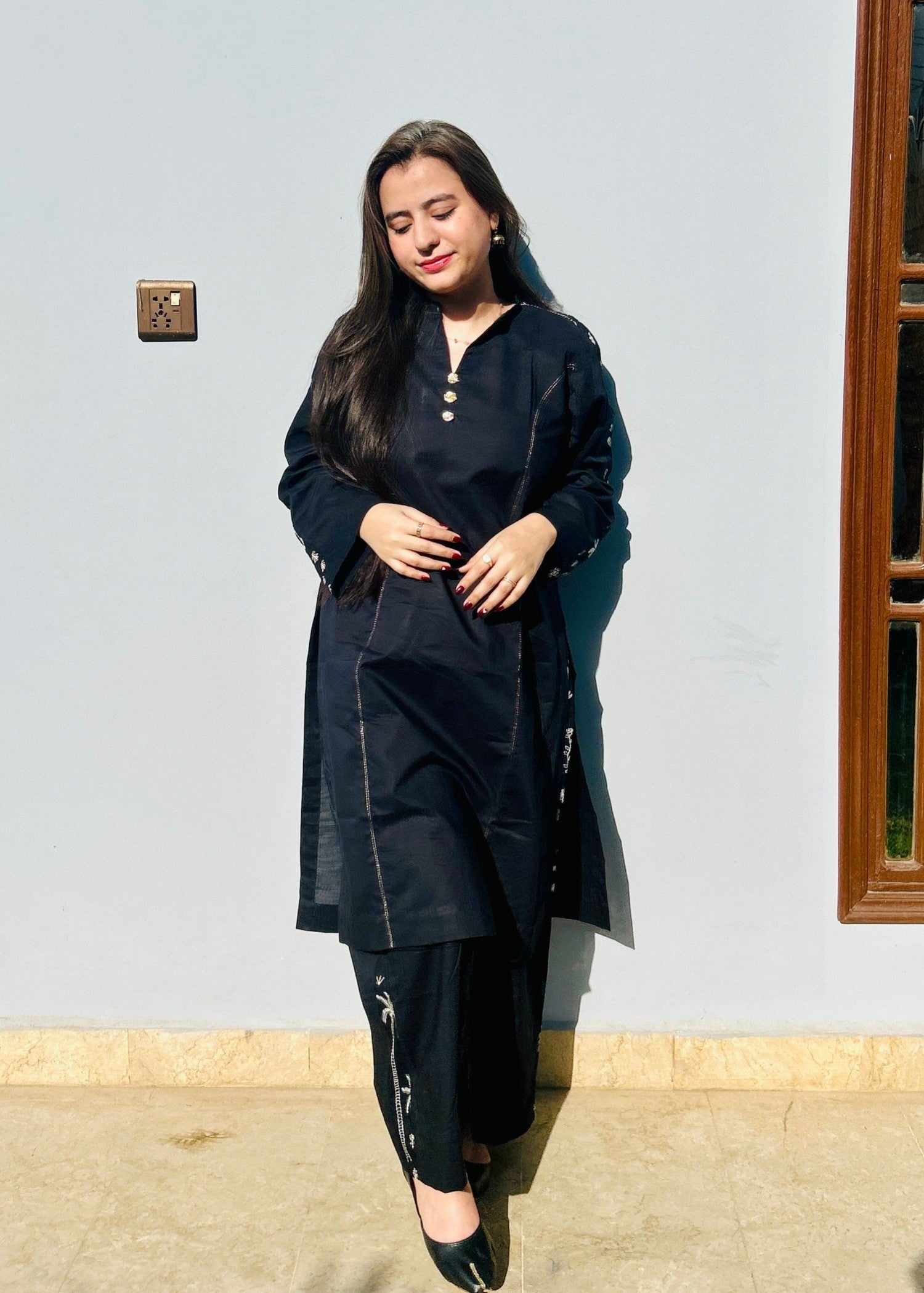 Urban Cut Embroidered Cotton Suit Black Women 2pcs