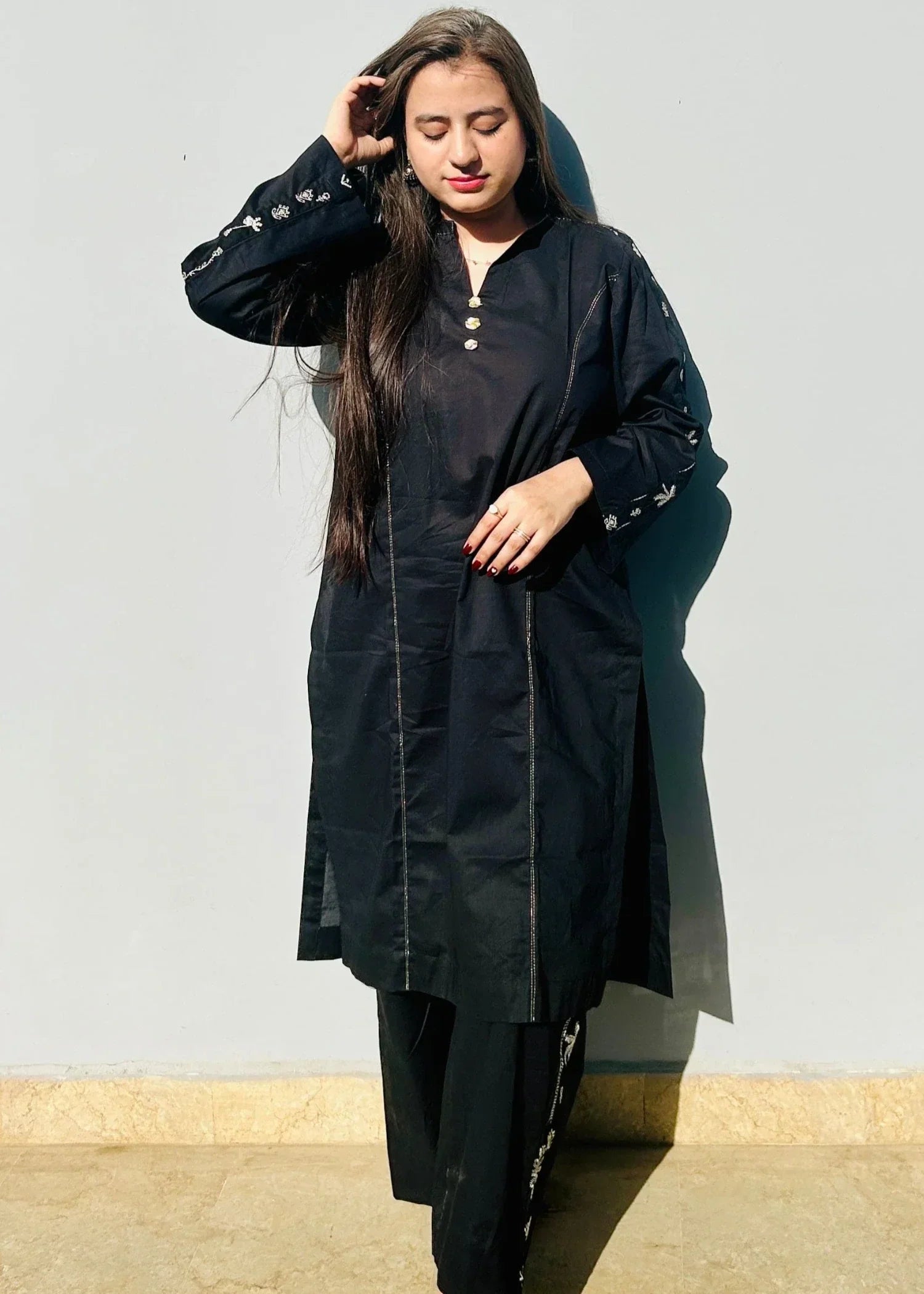 Urban Cut Embroidered Cotton Suit Black Women 2pcs