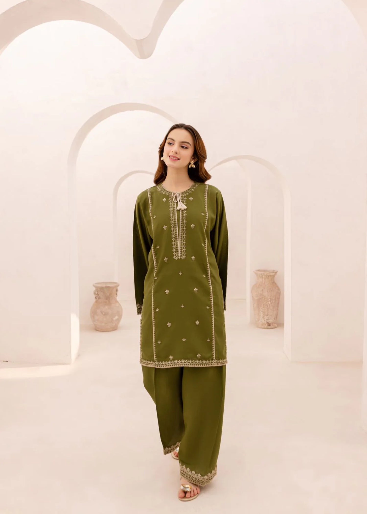 The Turkish Wear Olive Kurta Set Women 2pcs