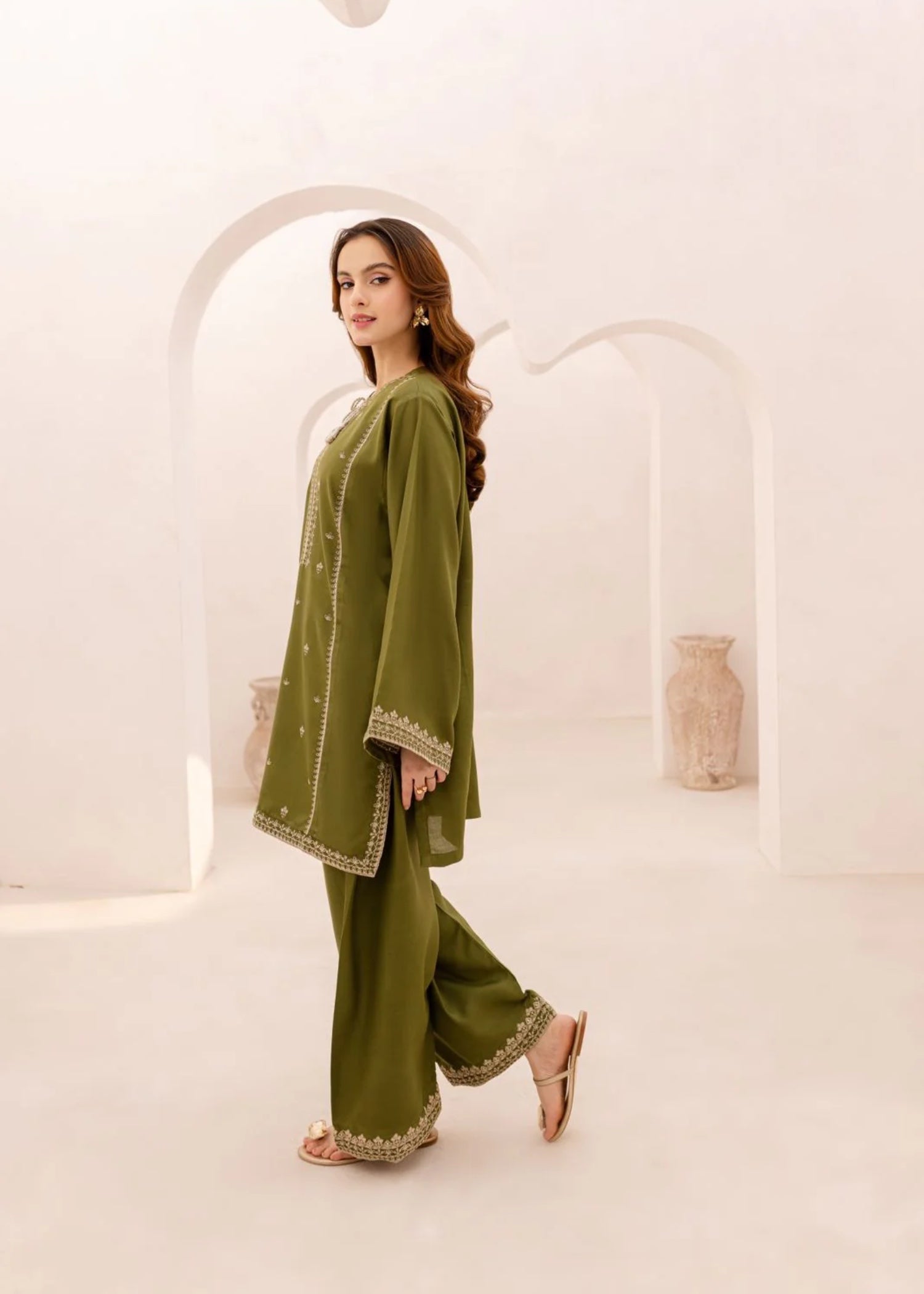 The Turkish Wear Olive Kurta Set Women 2pcs