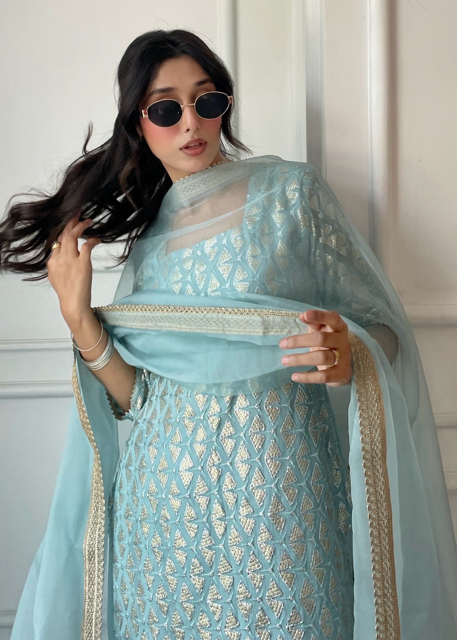 Fashion Trends 4 U Chamak Sky blue Women 3pcs