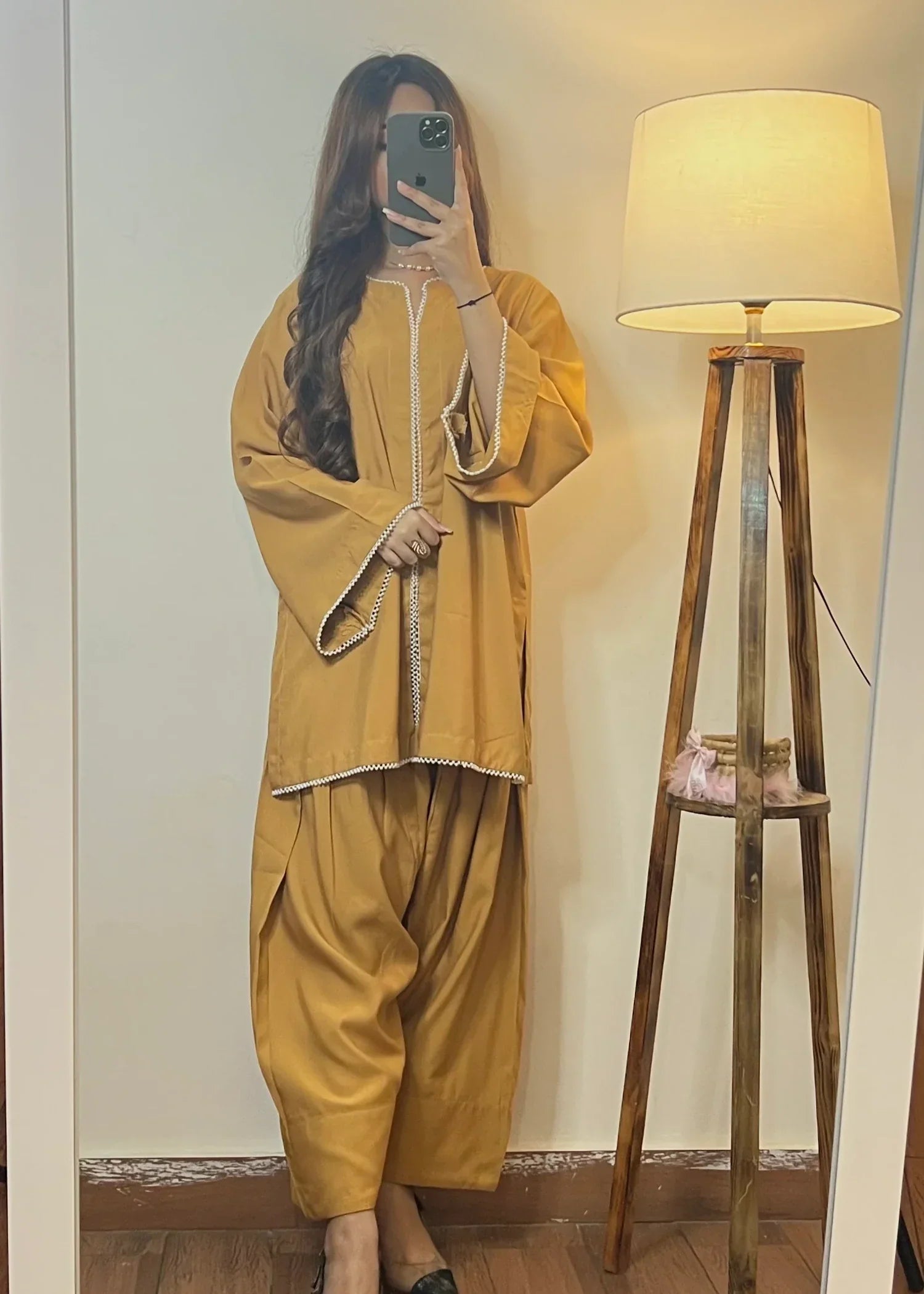 Urban Cut Lawn Embellished Co Ord Set with Farshi Shalwar Camel Brown Women 2pcs