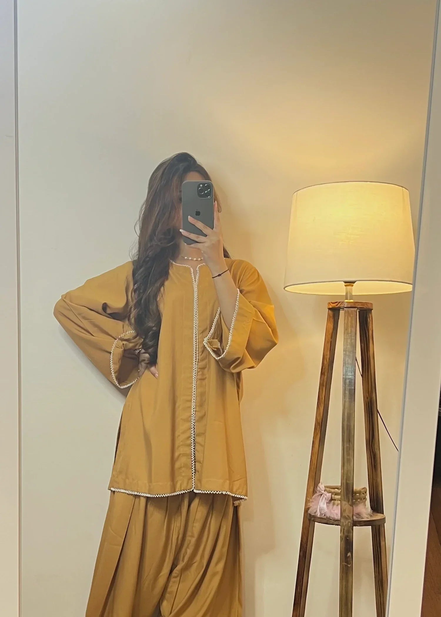 Urban Cut Lawn Embellished Co Ord Set with Farshi Shalwar Camel Brown Women 2pcs