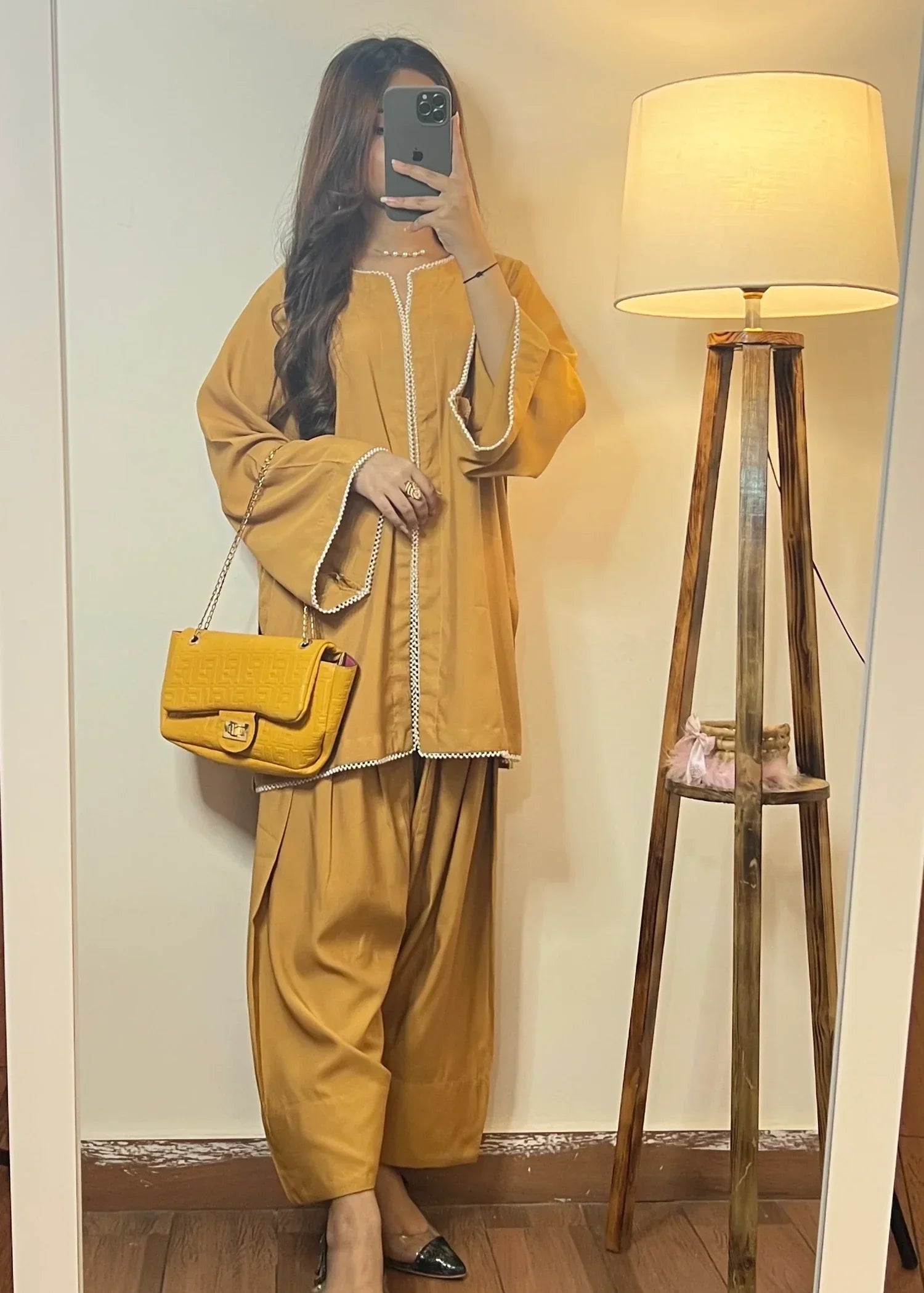 Urban Cut Lawn Embellished Co Ord Set with Farshi Shalwar Camel Brown Women 2pcs