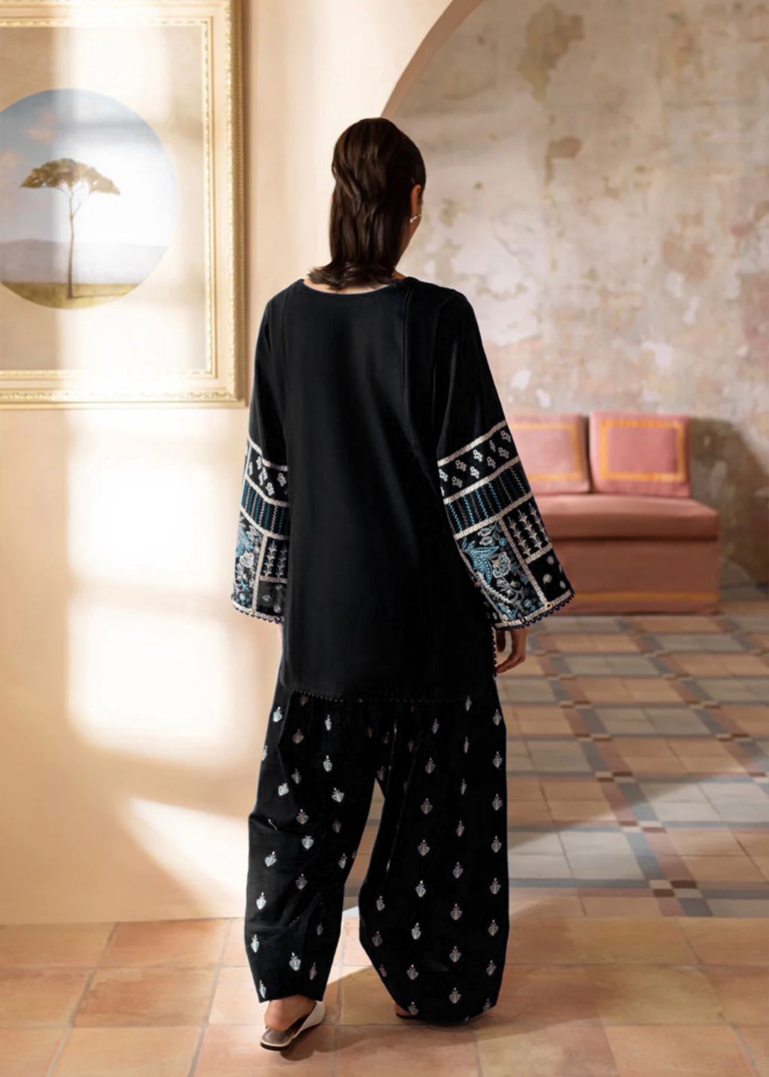 The Turkish Wear Black Embroidered Farshi Shalwar Suit Women 2pcs