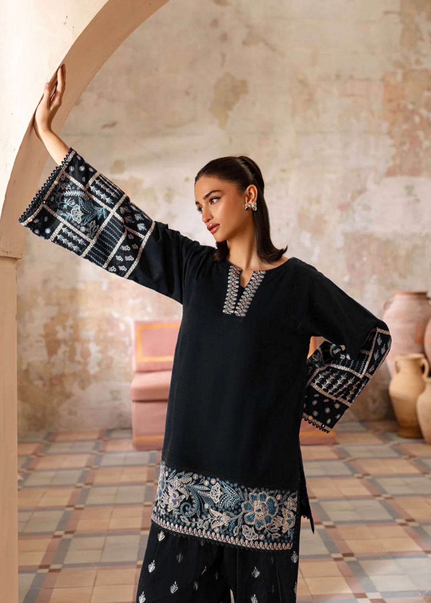 The Turkish Wear Black Embroidered Farshi Shalwar Suit Women 2pcs