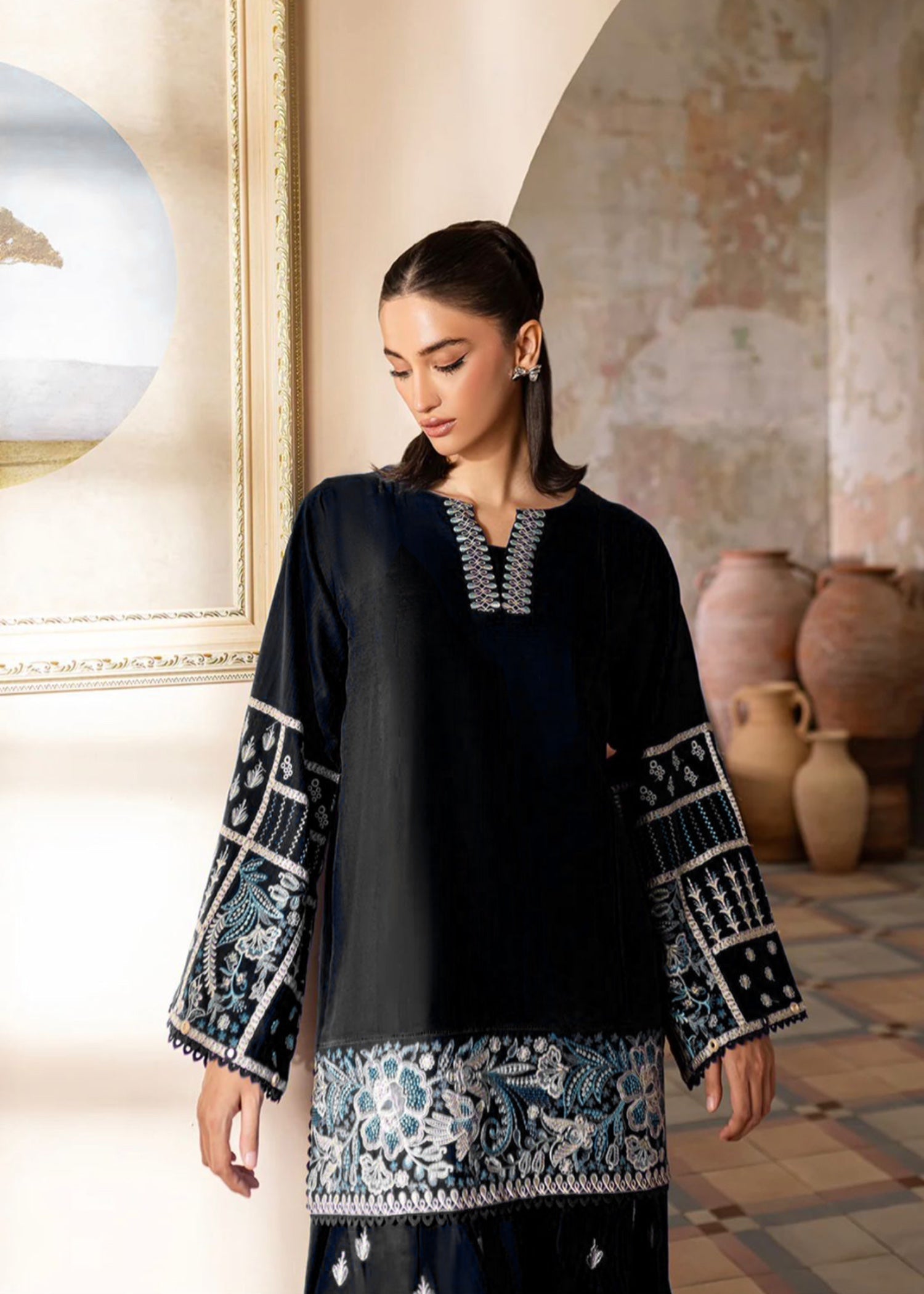 The Turkish Wear Black Embroidered Farshi Shalwar Suit Women 2pcs