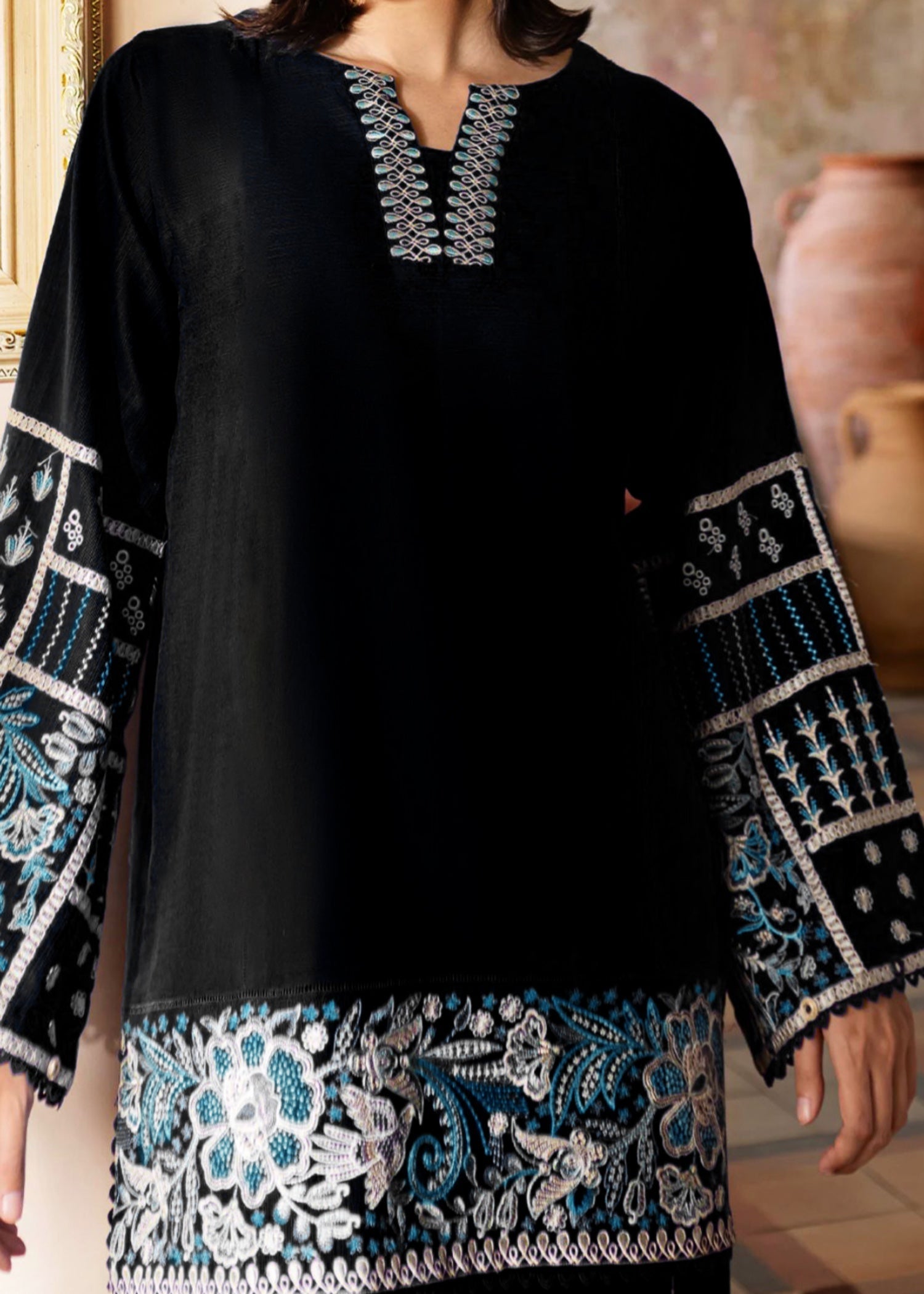 The Turkish Wear Black Embroidered Farshi Shalwar Suit Women 2pcs