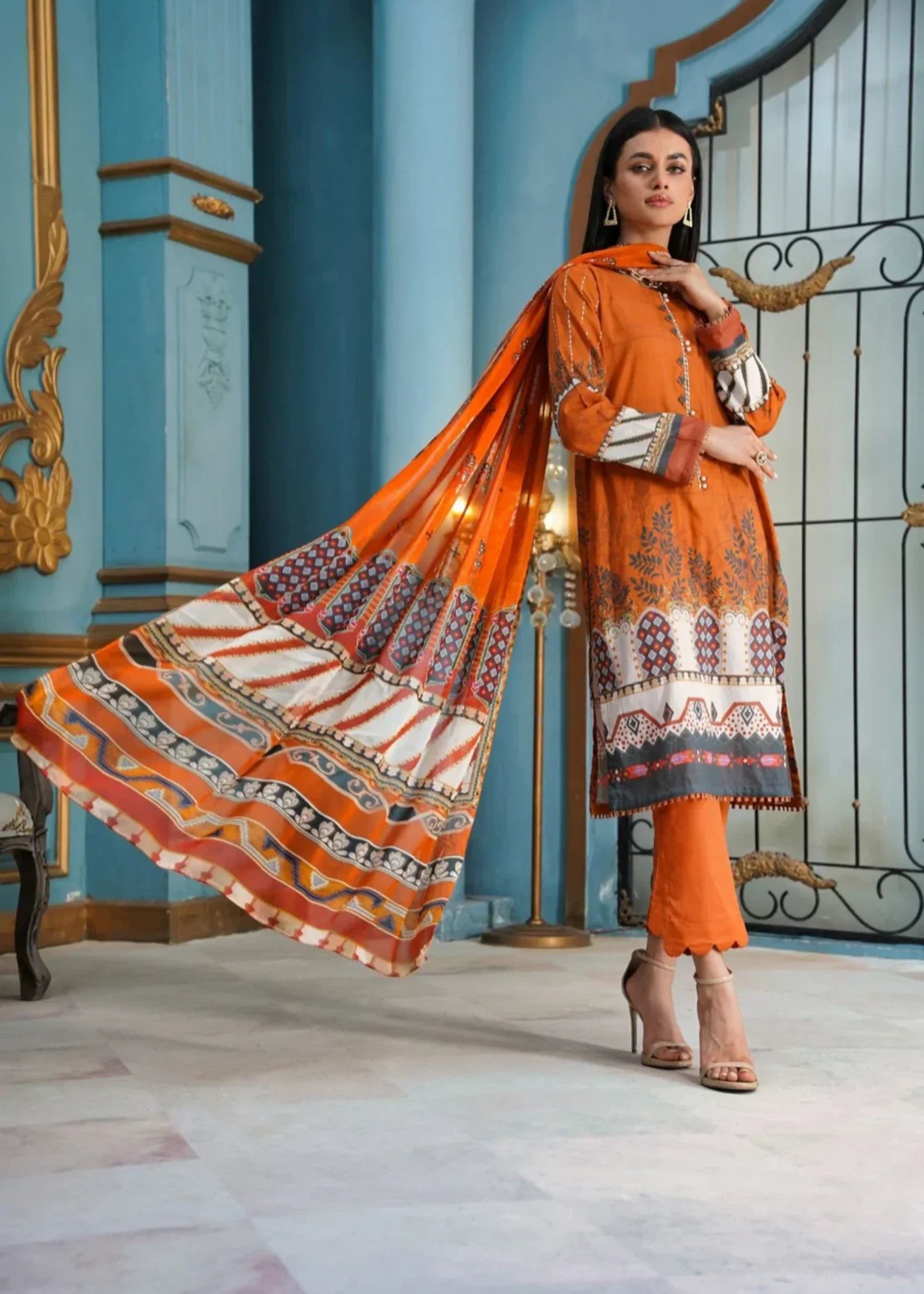 Mehryam Collection Elegant Orange Lawn Suit Women 3pcs