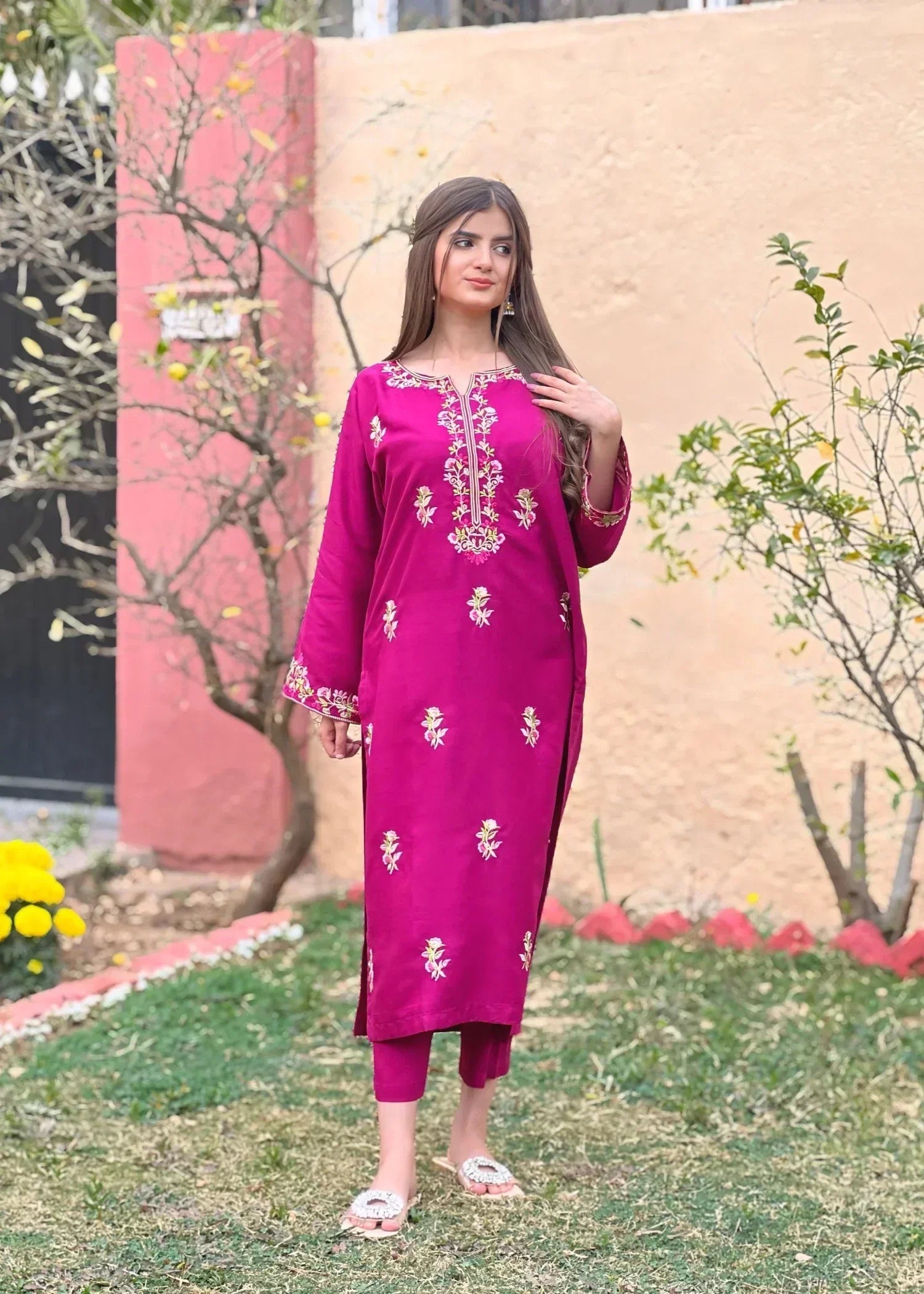 Sajfi Closet Magenta Embroidered Stitched Suit for Women Women 2pcs