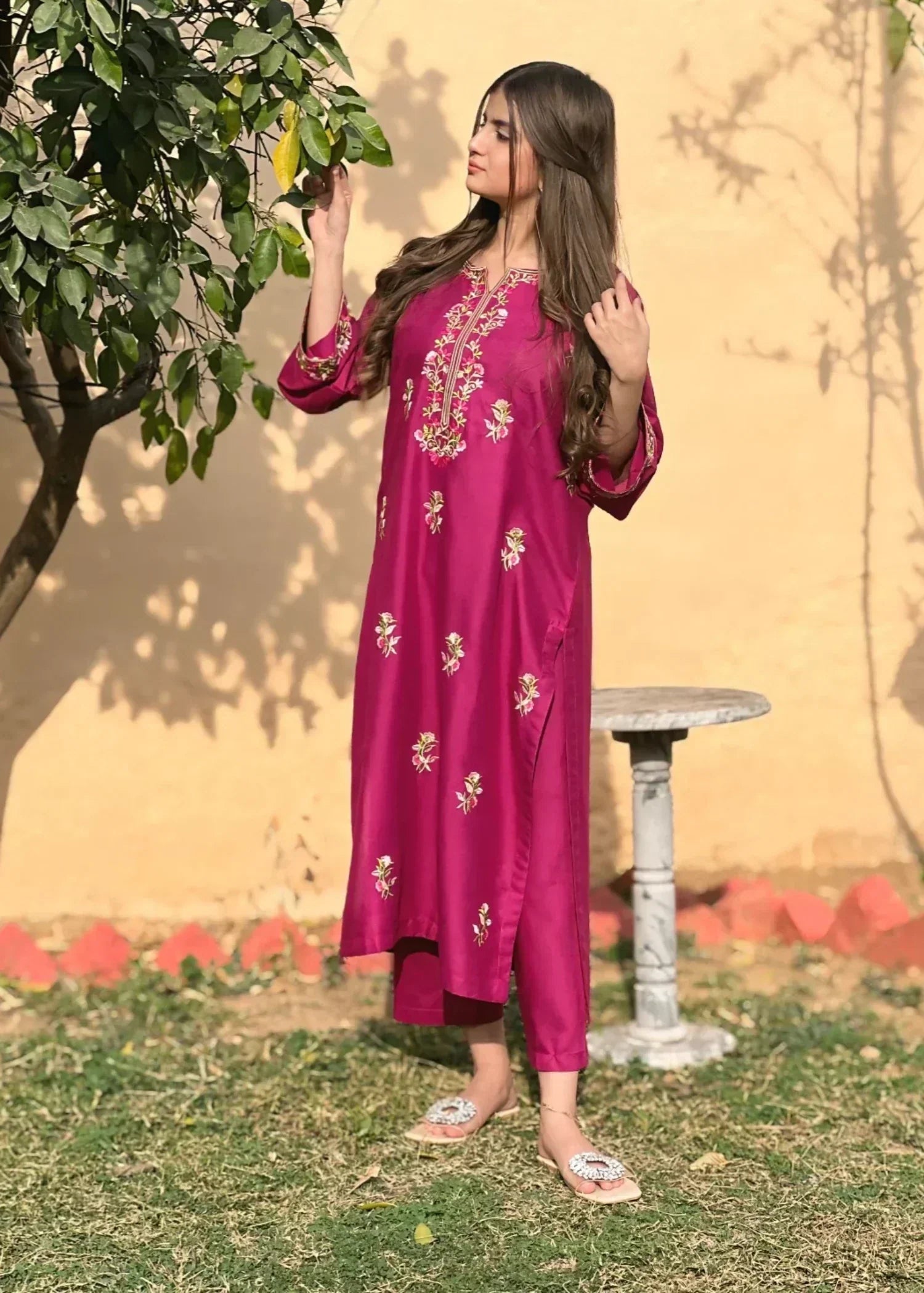 Sajfi Closet Magenta Embroidered Stitched Suit for Women Women 2pcs