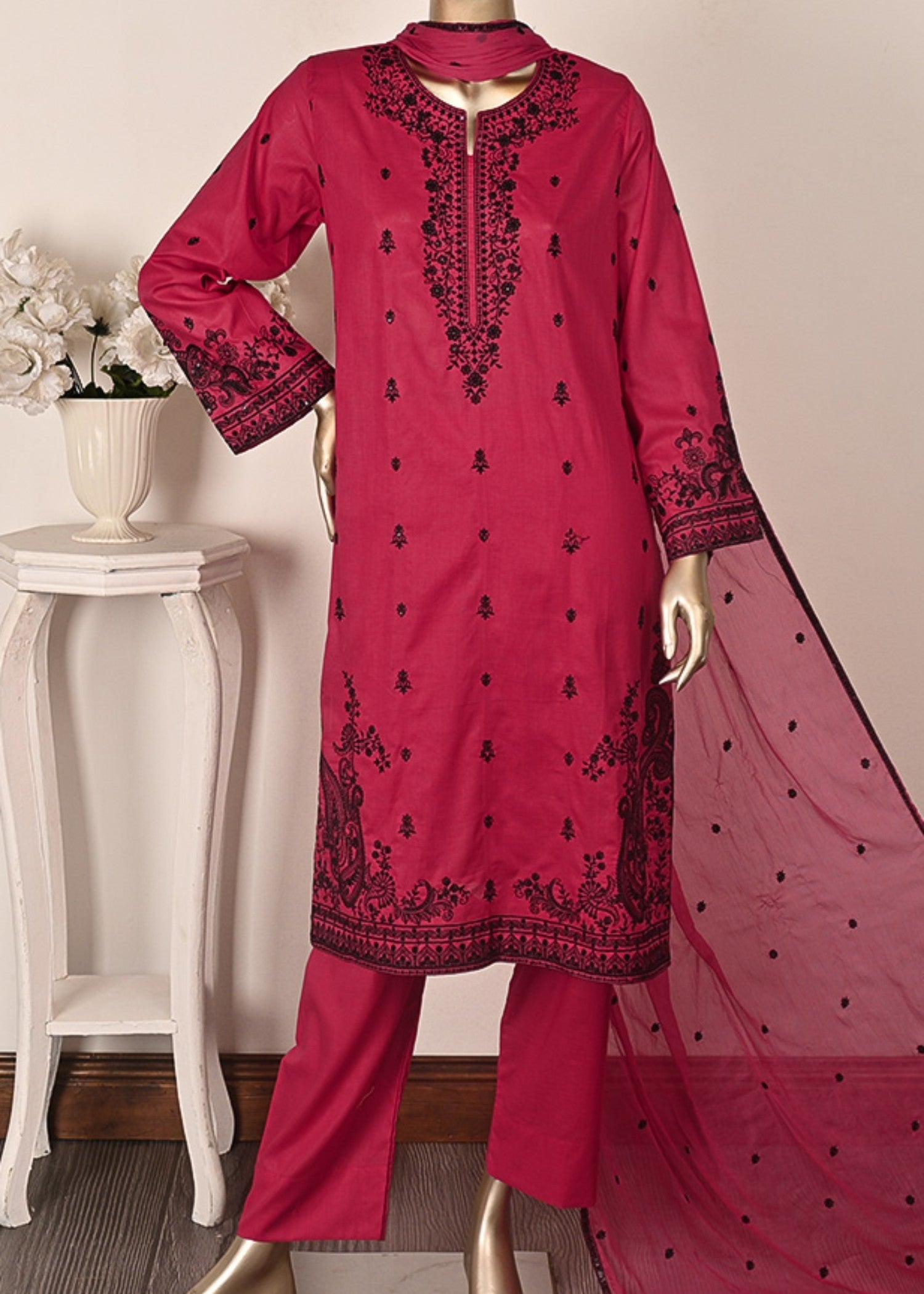 Khombi Image BZ 193 Hot Pink Red Daily/Basic Wear Cotton Embroidered Dress Women 3pcs