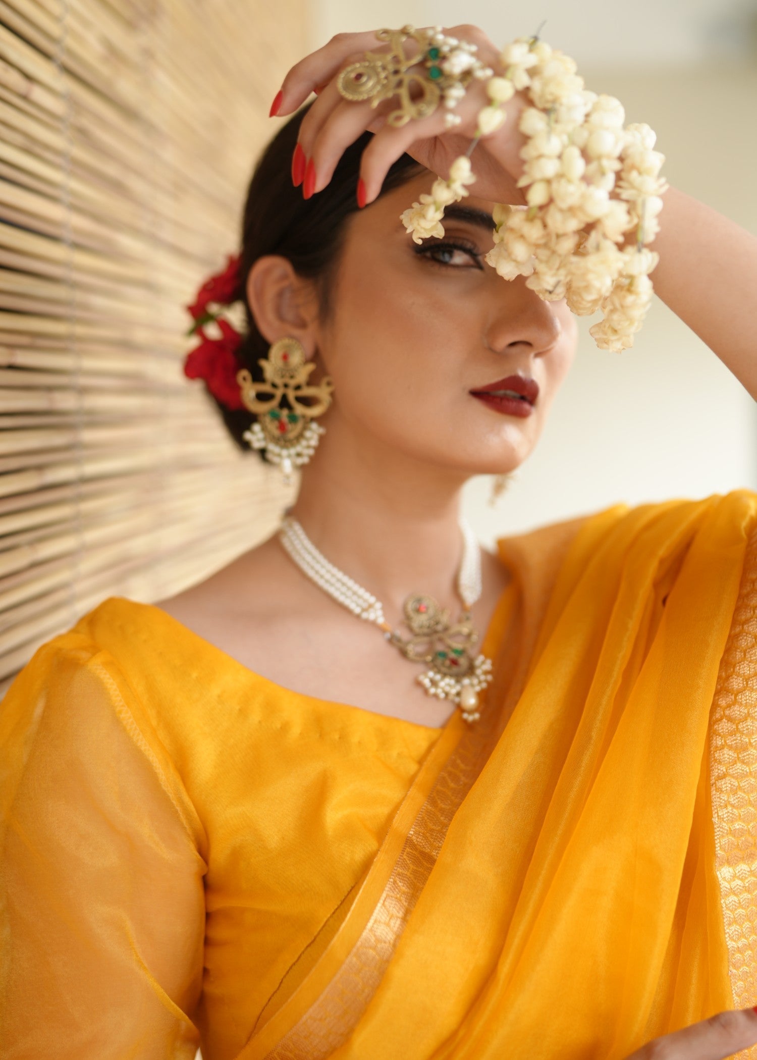 Noroz Marigold Zari Organza Saree Women 3pcs