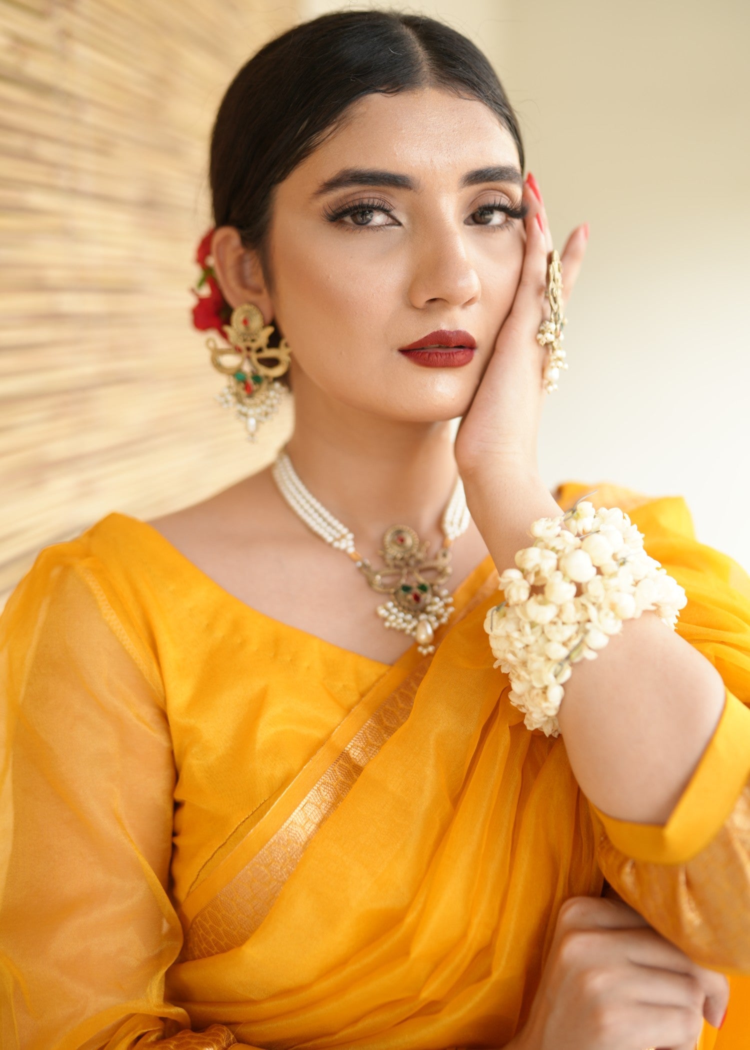 Noroz Marigold Zari Organza Saree Women 3pcs