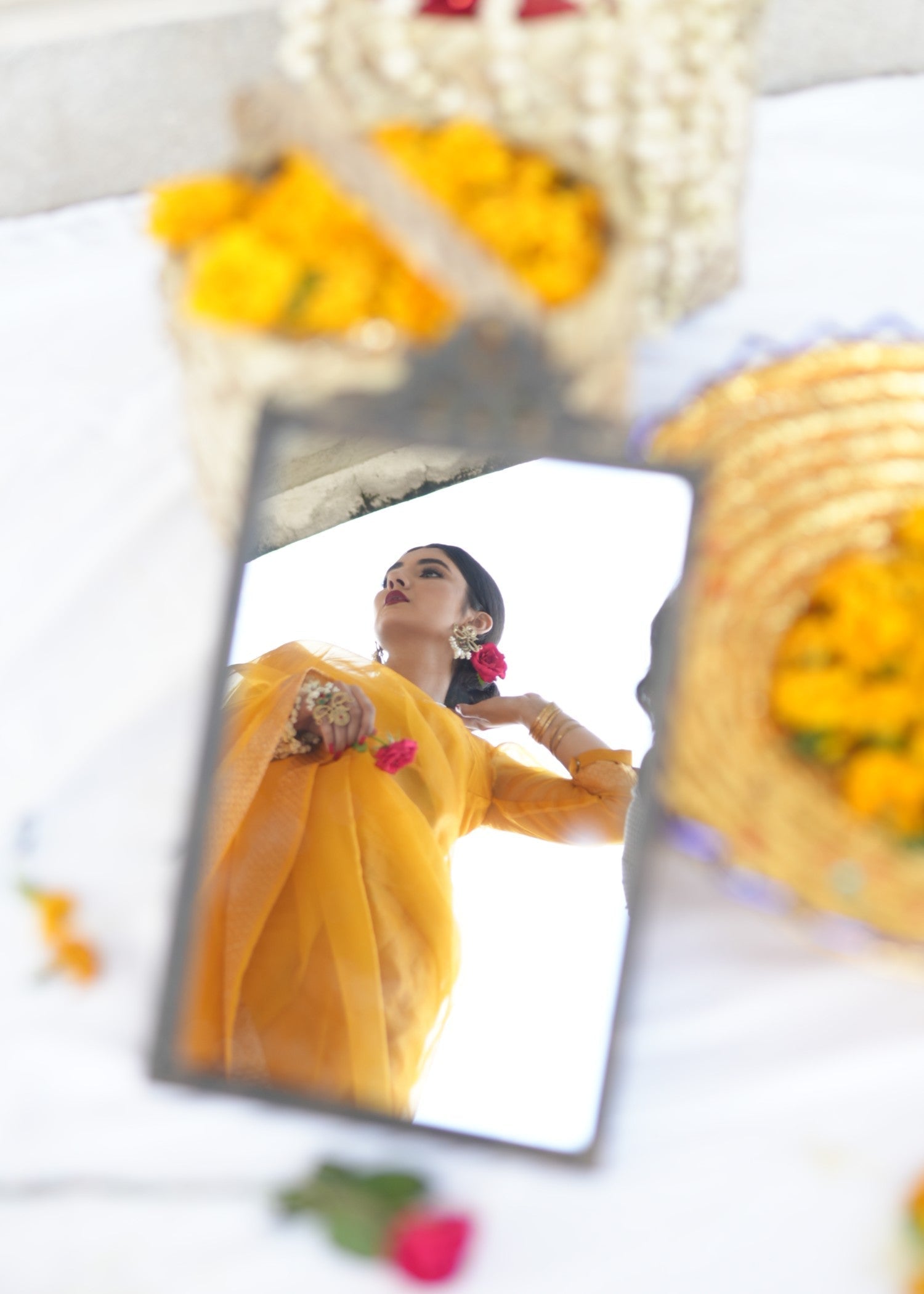 Noroz Marigold Zari Organza Saree Women 3pcs