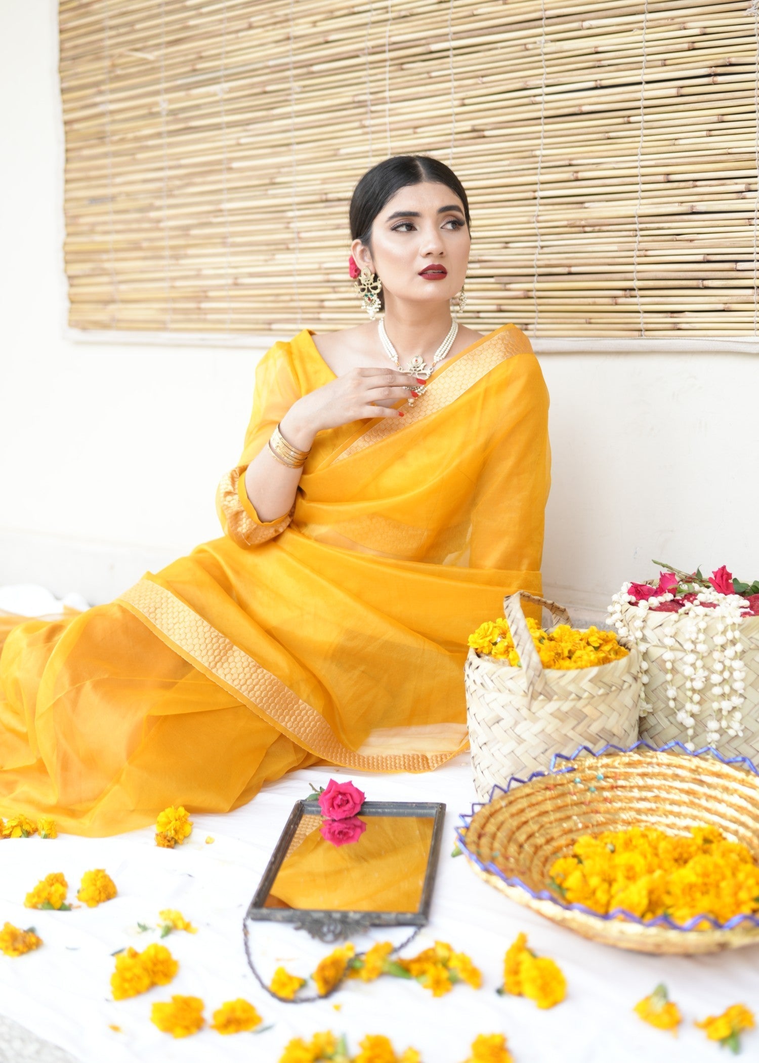 Noroz Marigold Zari Organza Saree Women 3pcs