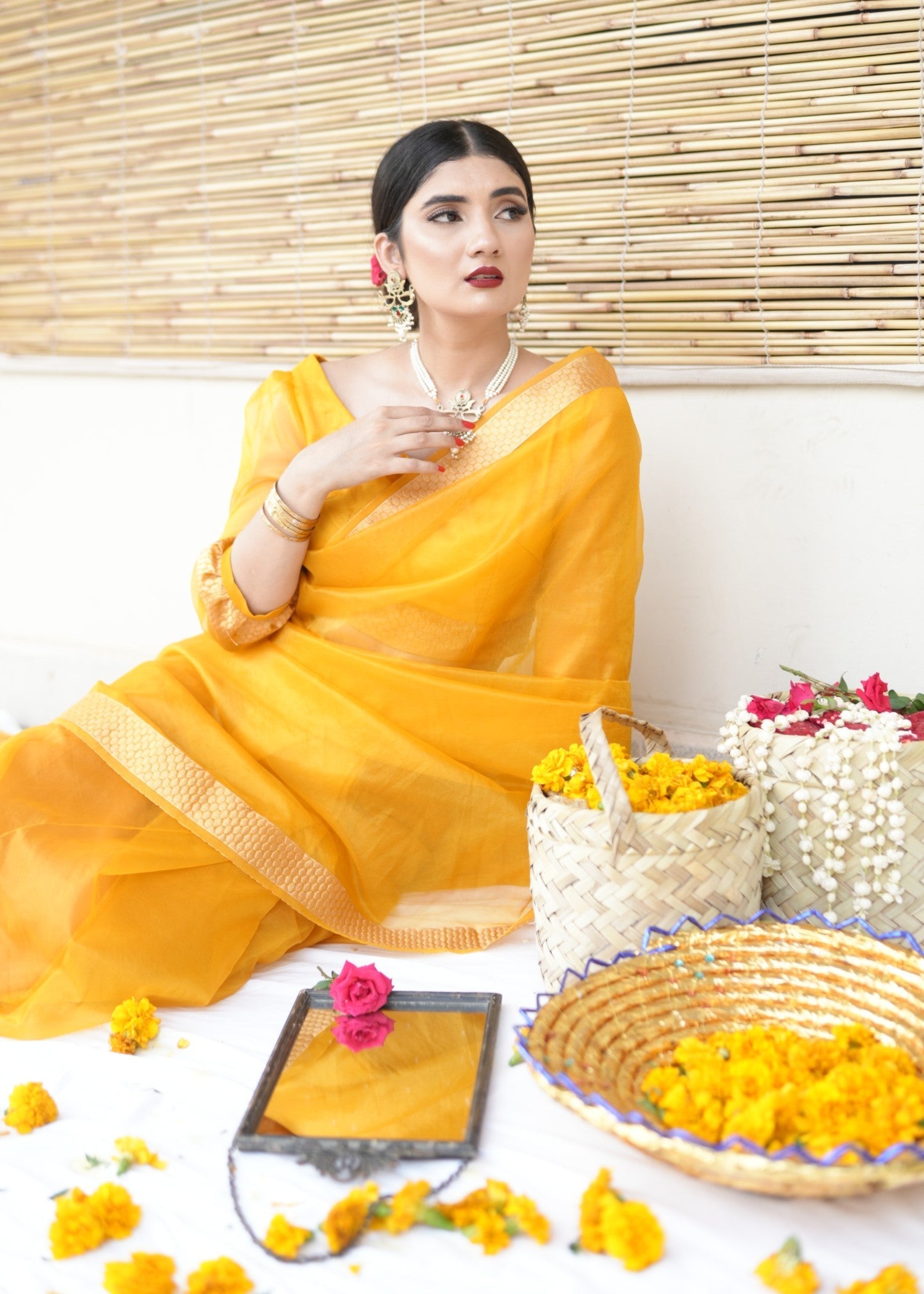 Noroz Marigold Zari Organza Saree Women 3pcs