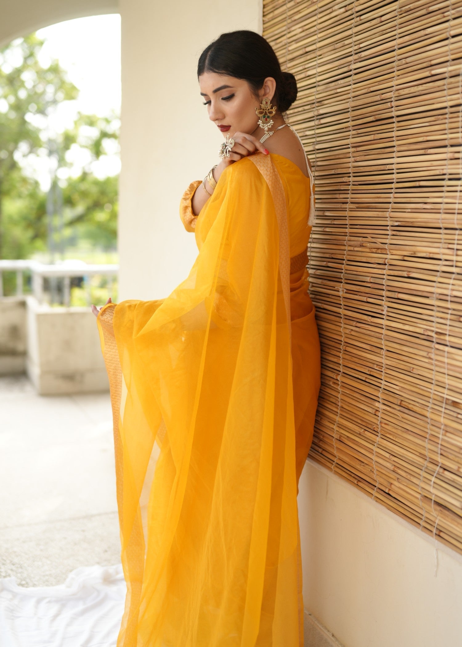 Noroz Marigold Zari Organza Saree Women 3pcs