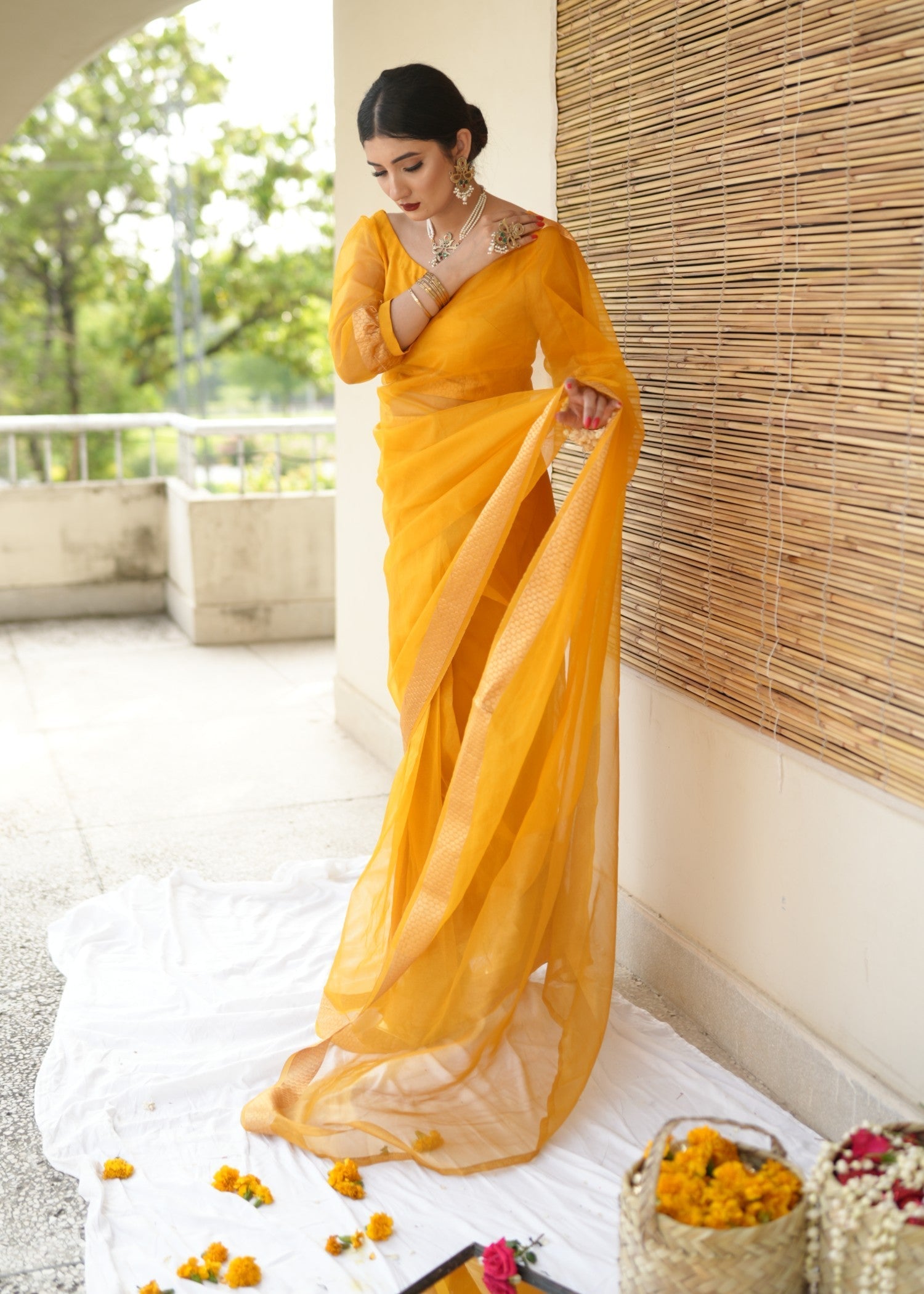 Noroz Marigold Zari Organza Saree Women 3pcs