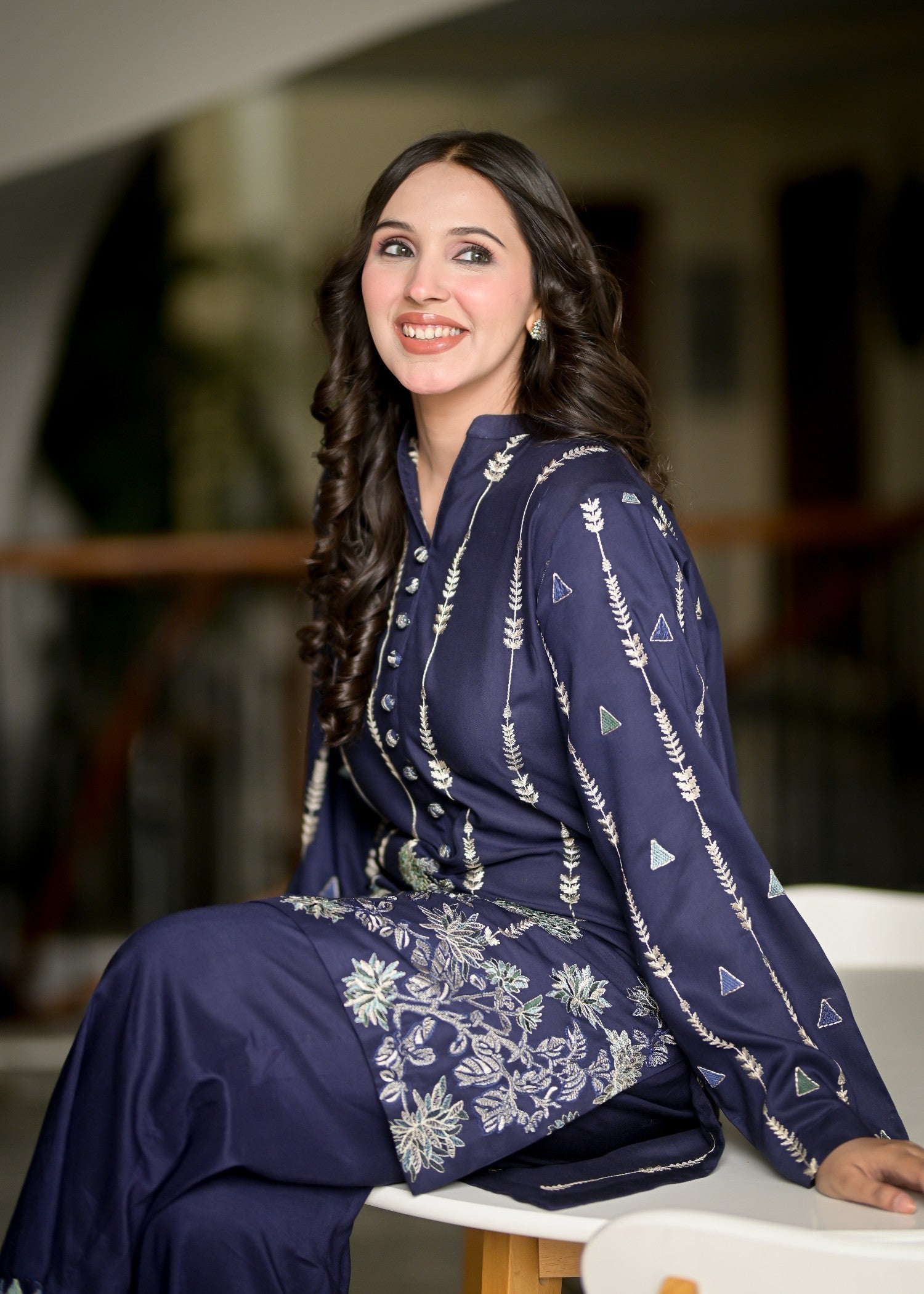 Ayesha Mubariz Zilar – Linen Navy Blue Embroidered Pret (AM024) Women 2pcs