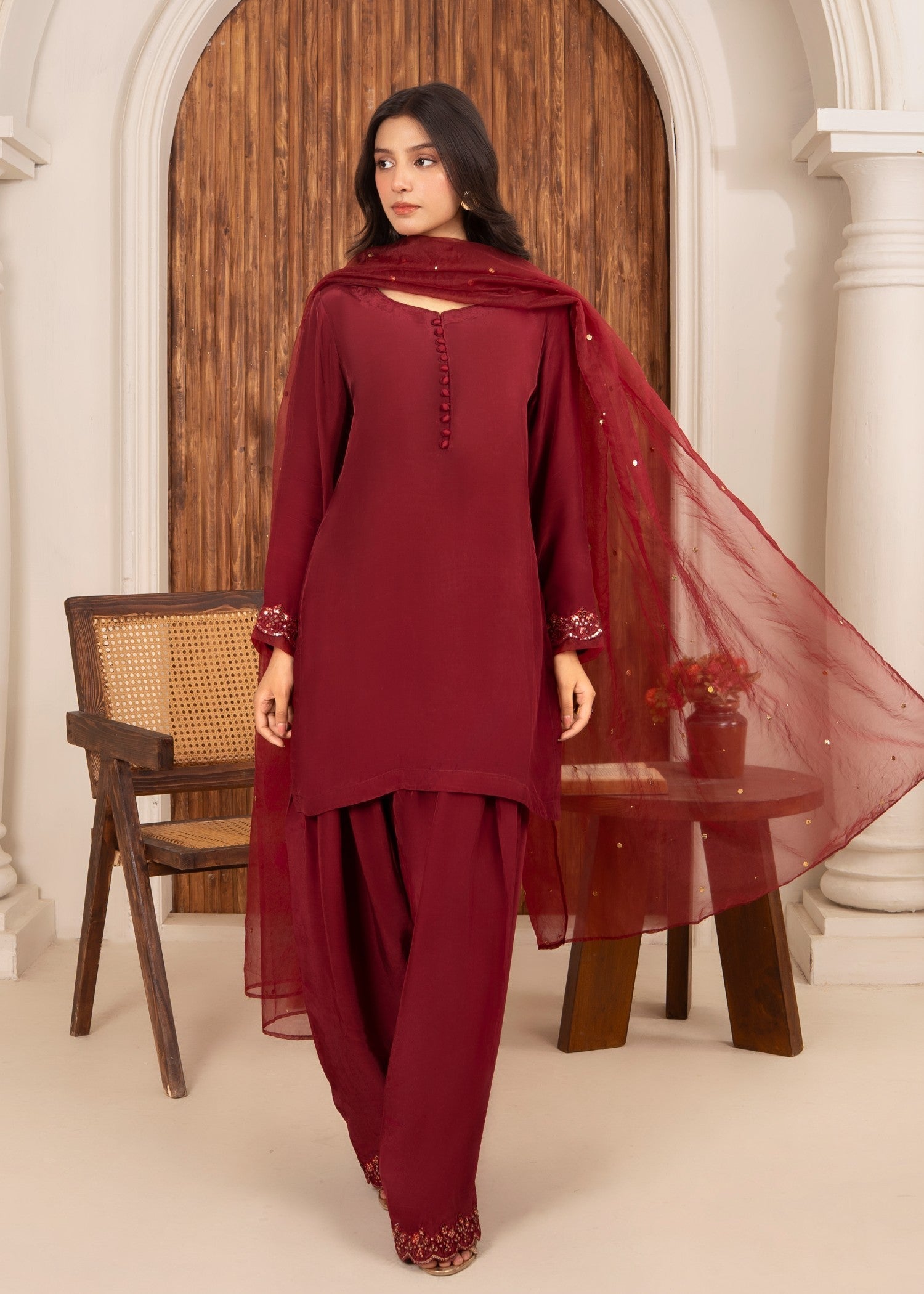 Ray Online Store Maroon Mukesh Sequin Farshi Shalwar Set Women 3pcs