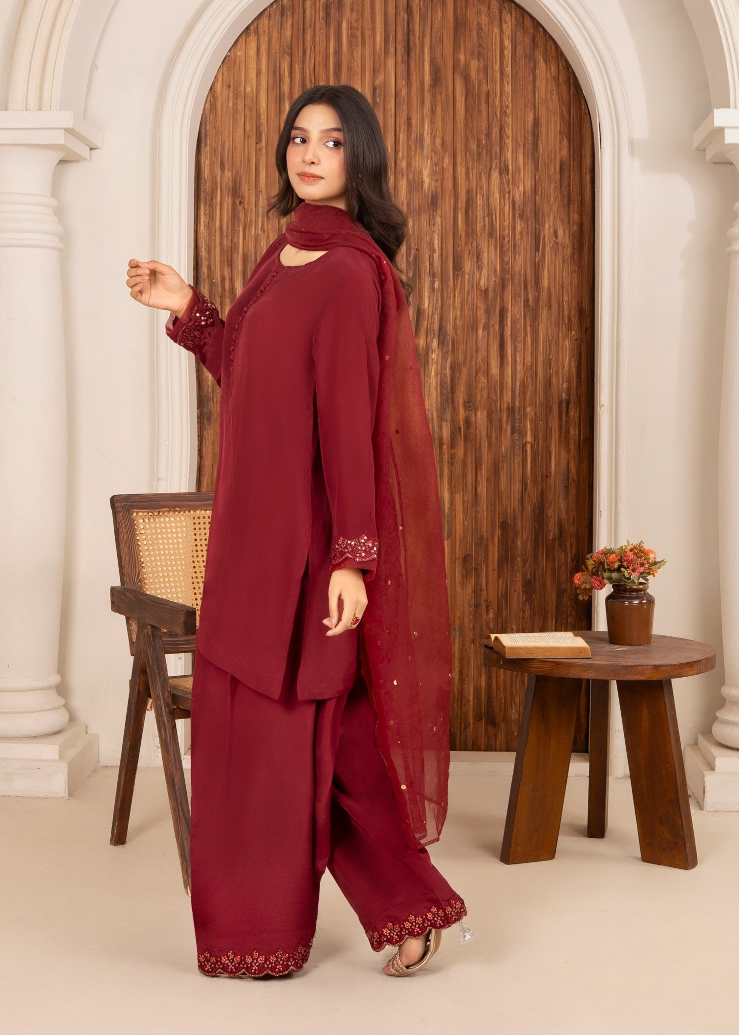 Ray Online Store Maroon Mukesh Sequin Farshi Shalwar Set Women 3pcs