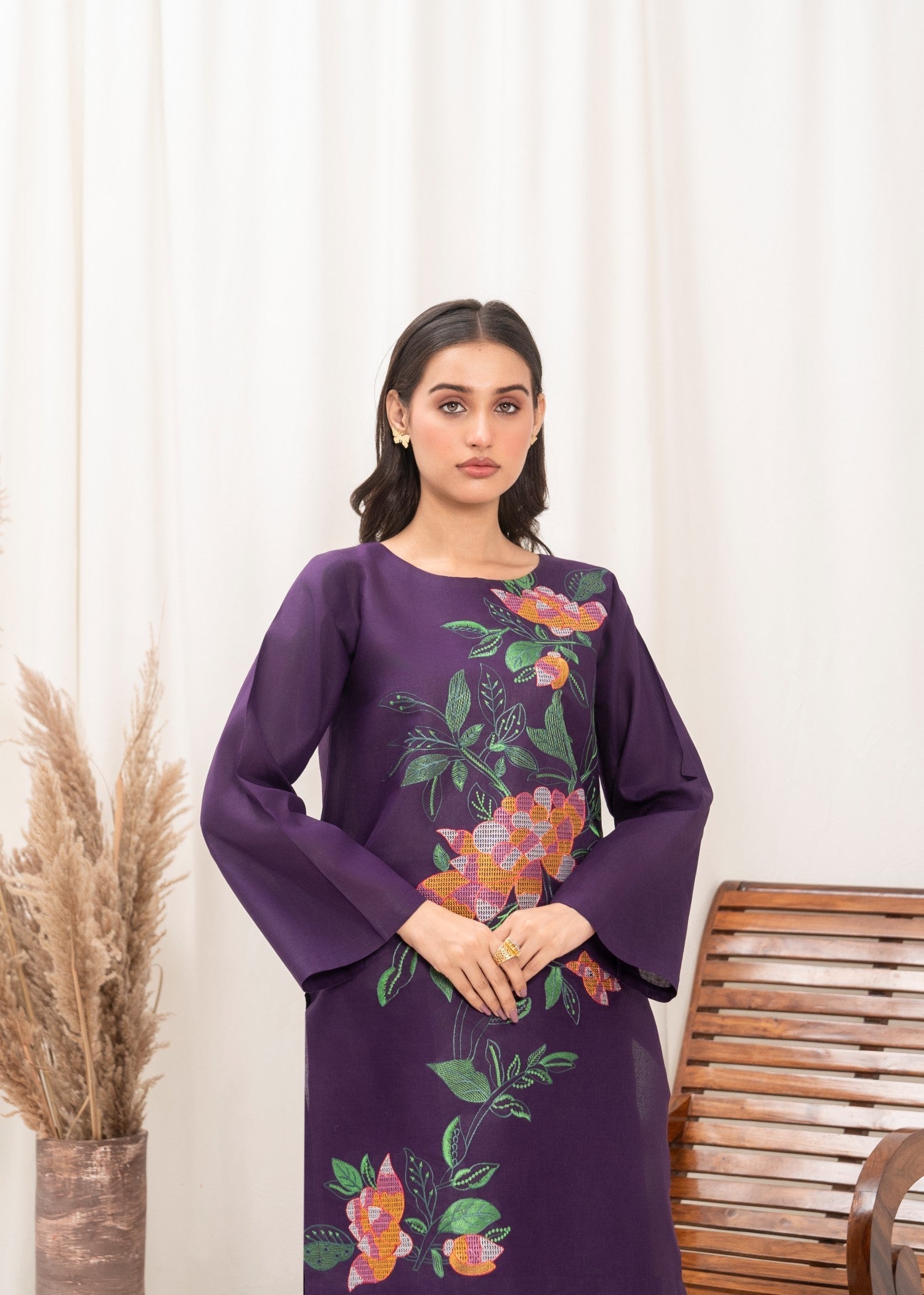 Ramal plum embroidered dress Women 2pcs