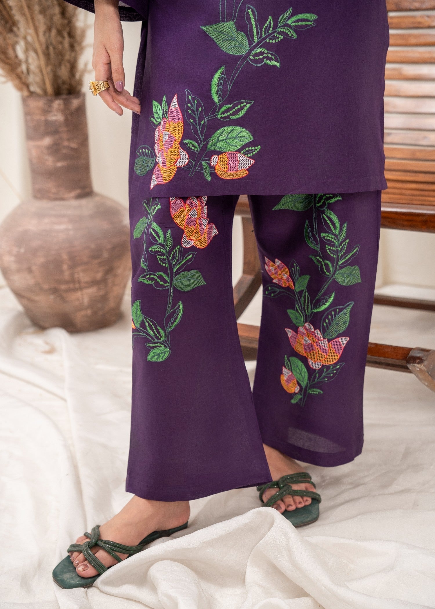 Ramal plum embroidered dress Women 2pcs