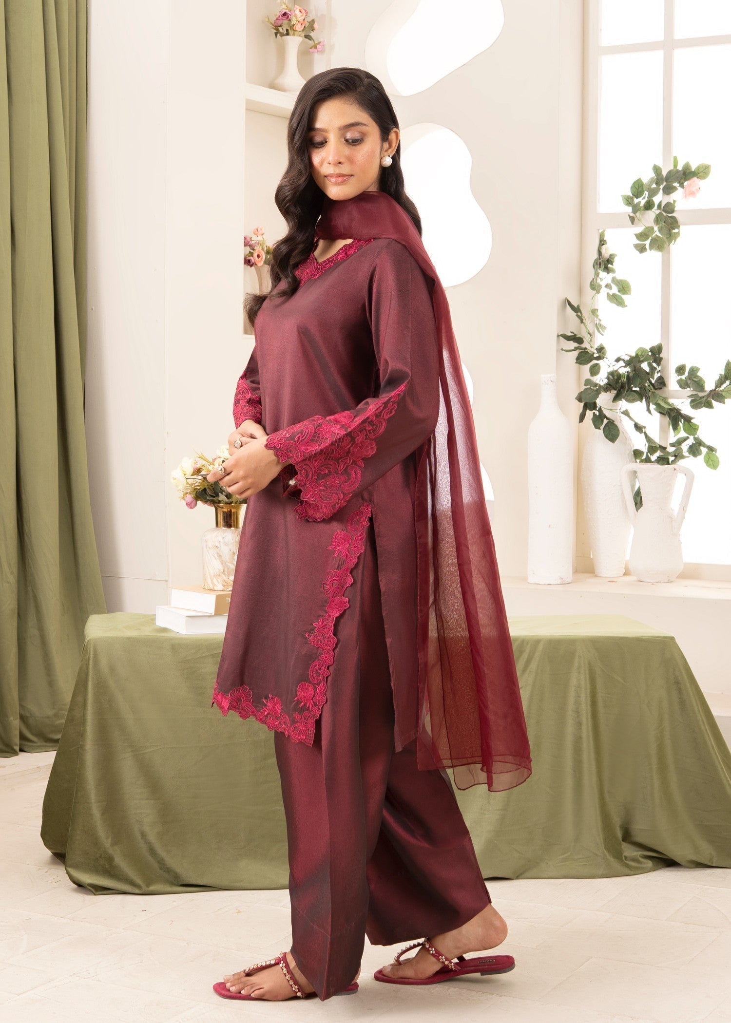 Naaz Couture Raw Silk Farshi Set Dark Maroon Women 3pcs
