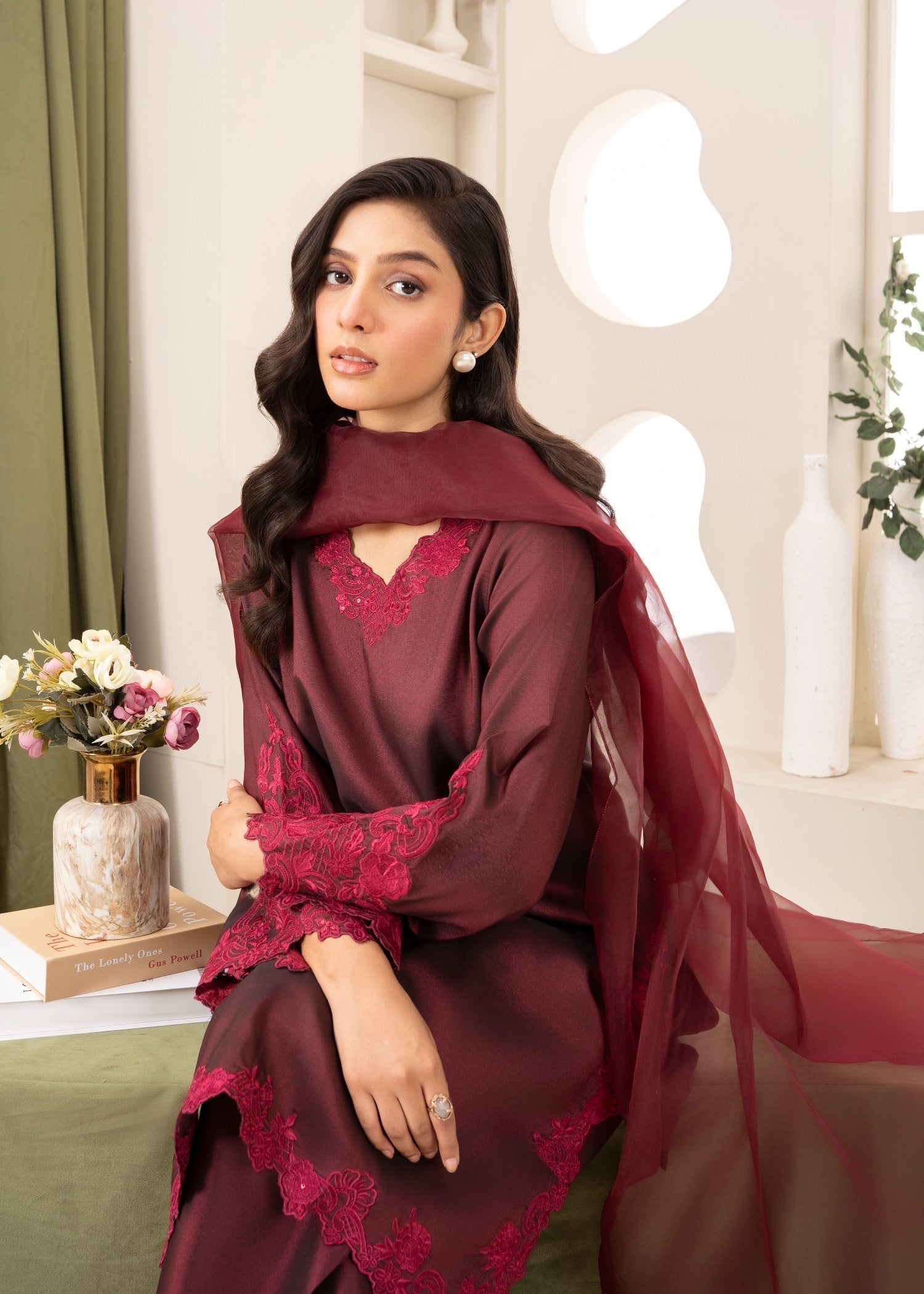 Naaz Couture Raw Silk Farshi Set Dark Maroon Women 3pcs
