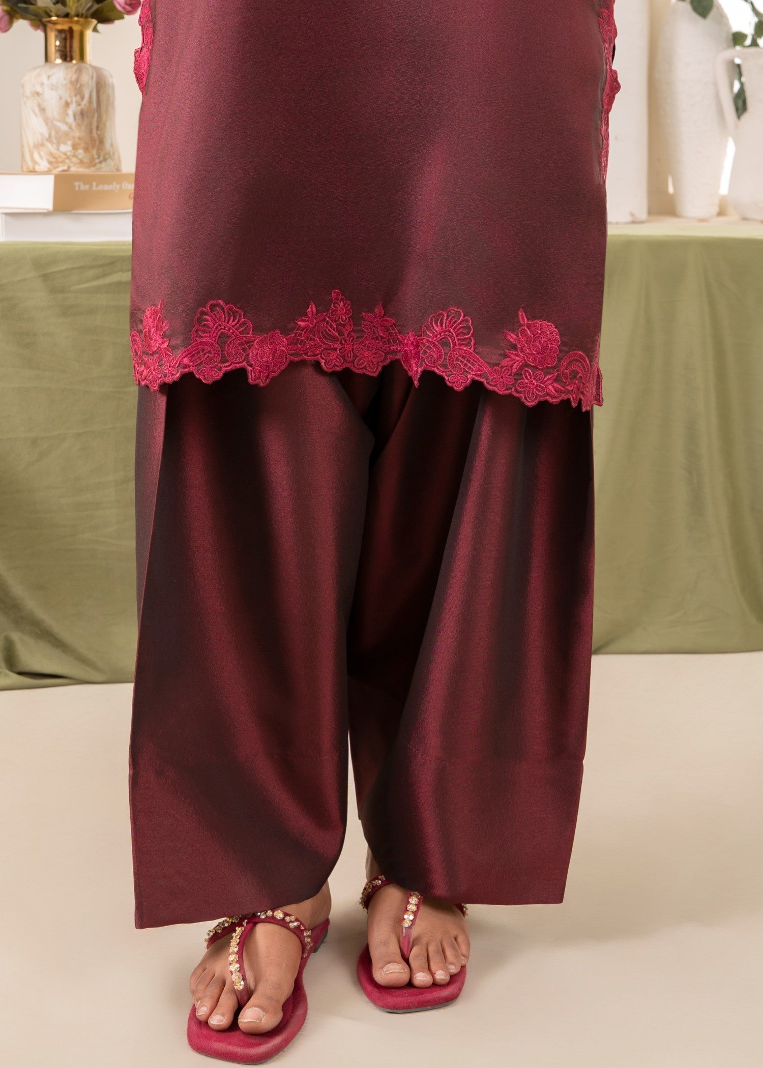 Naaz Couture Raw Silk Farshi Set Dark Maroon Women 3pcs