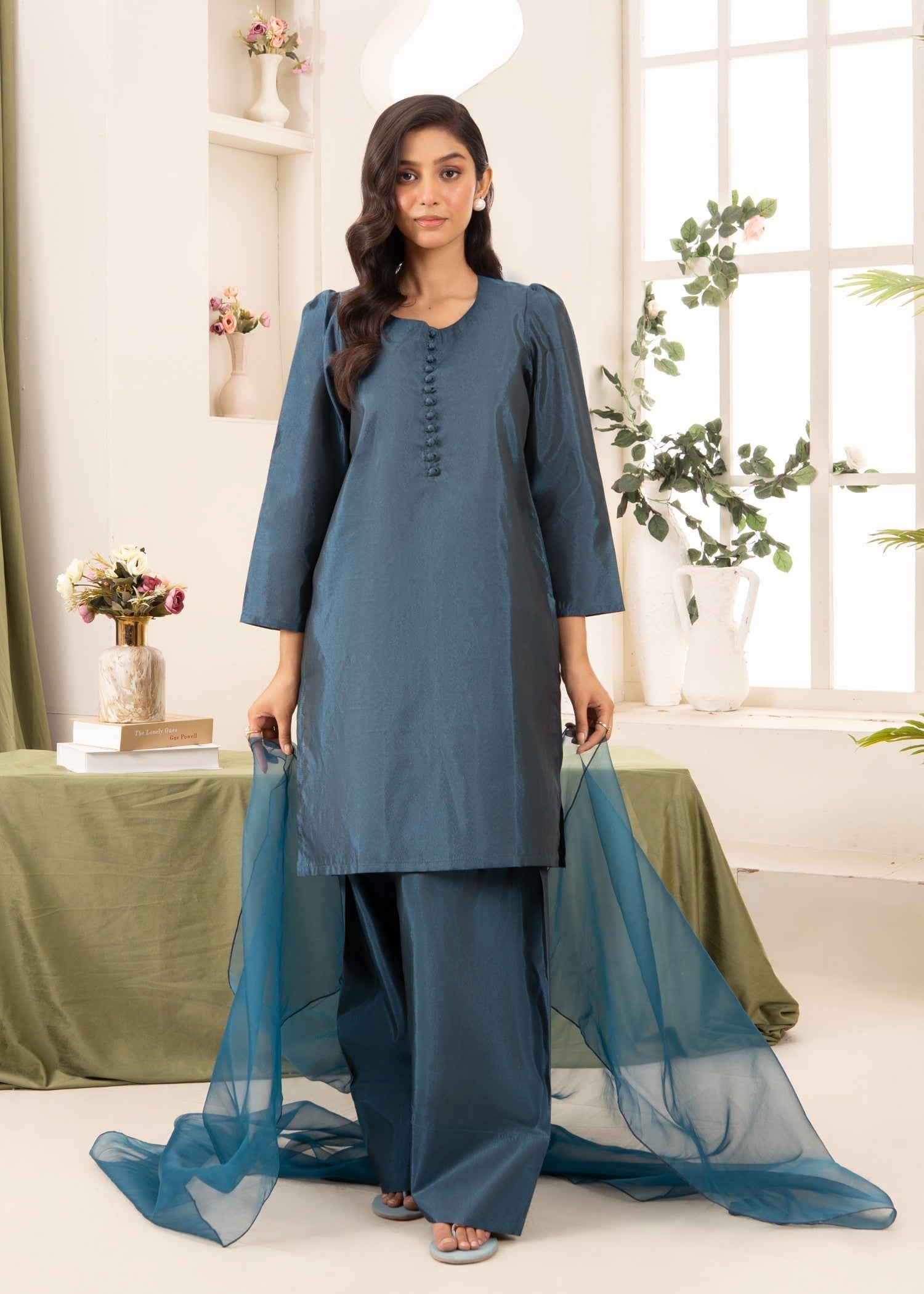 Naaz Couture Raw Silk Farshi Set Dark Teal Women 3pcs