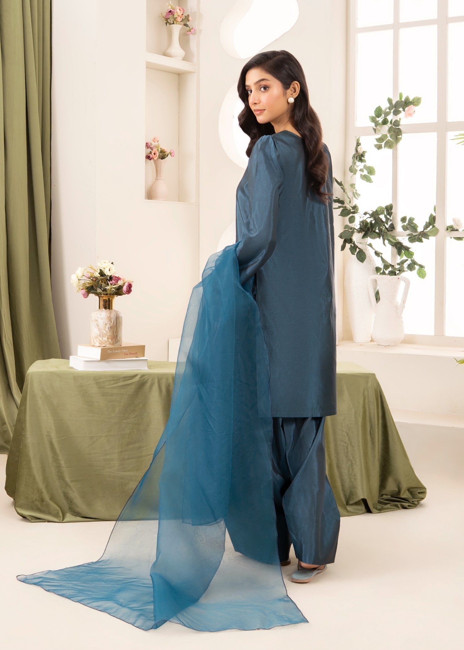 Naaz Couture Raw Silk Farshi Set Dark Teal Women 3pcs