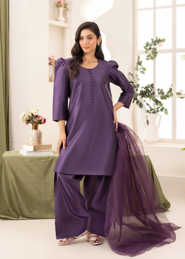 Naaz Couture Raw Silk Farshi Set Indigo Purple Women 3pcs