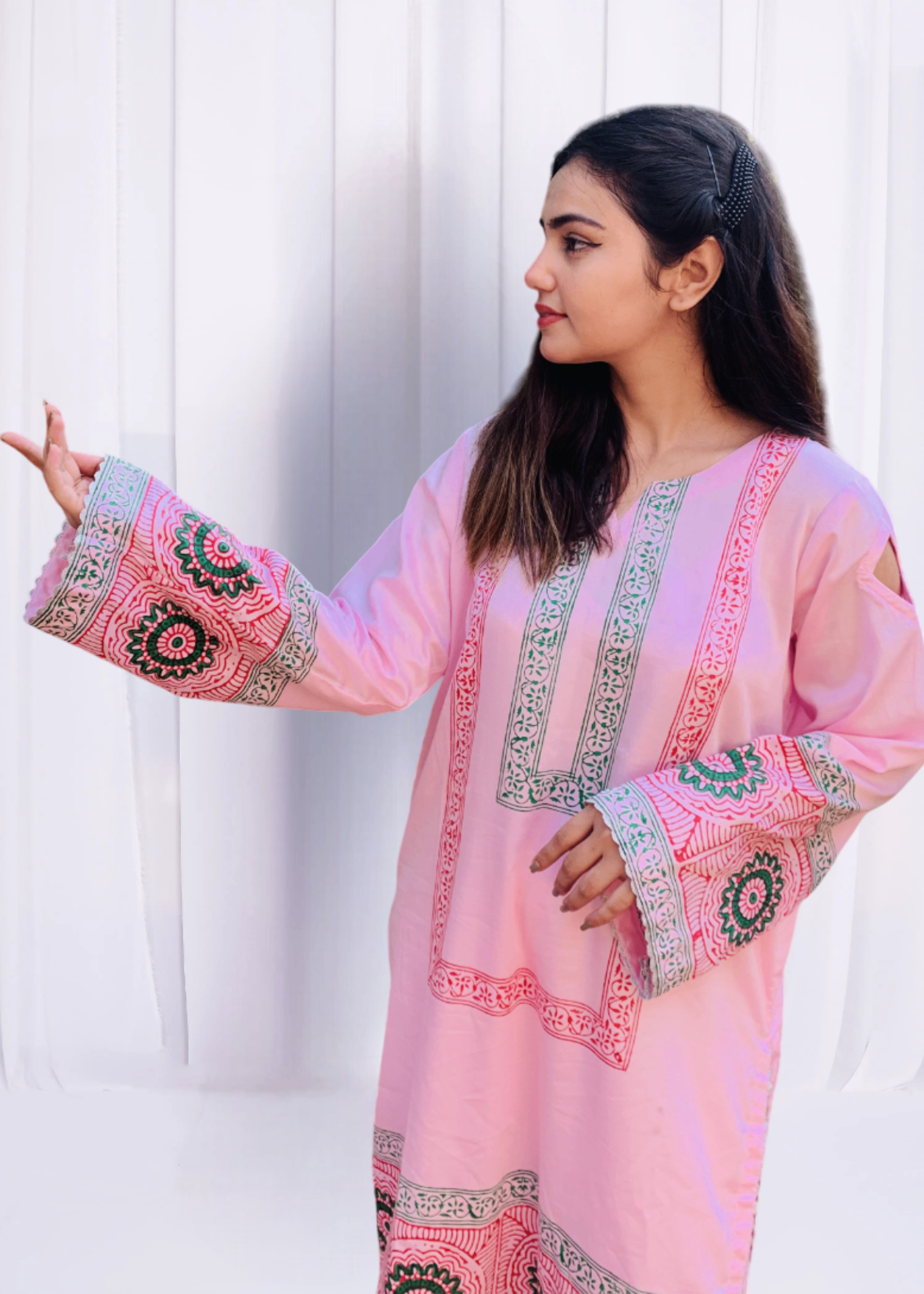 Pretbee Light Pink Cotton Suit with Multicolored Circular Patterns of block printing Women 2pcs