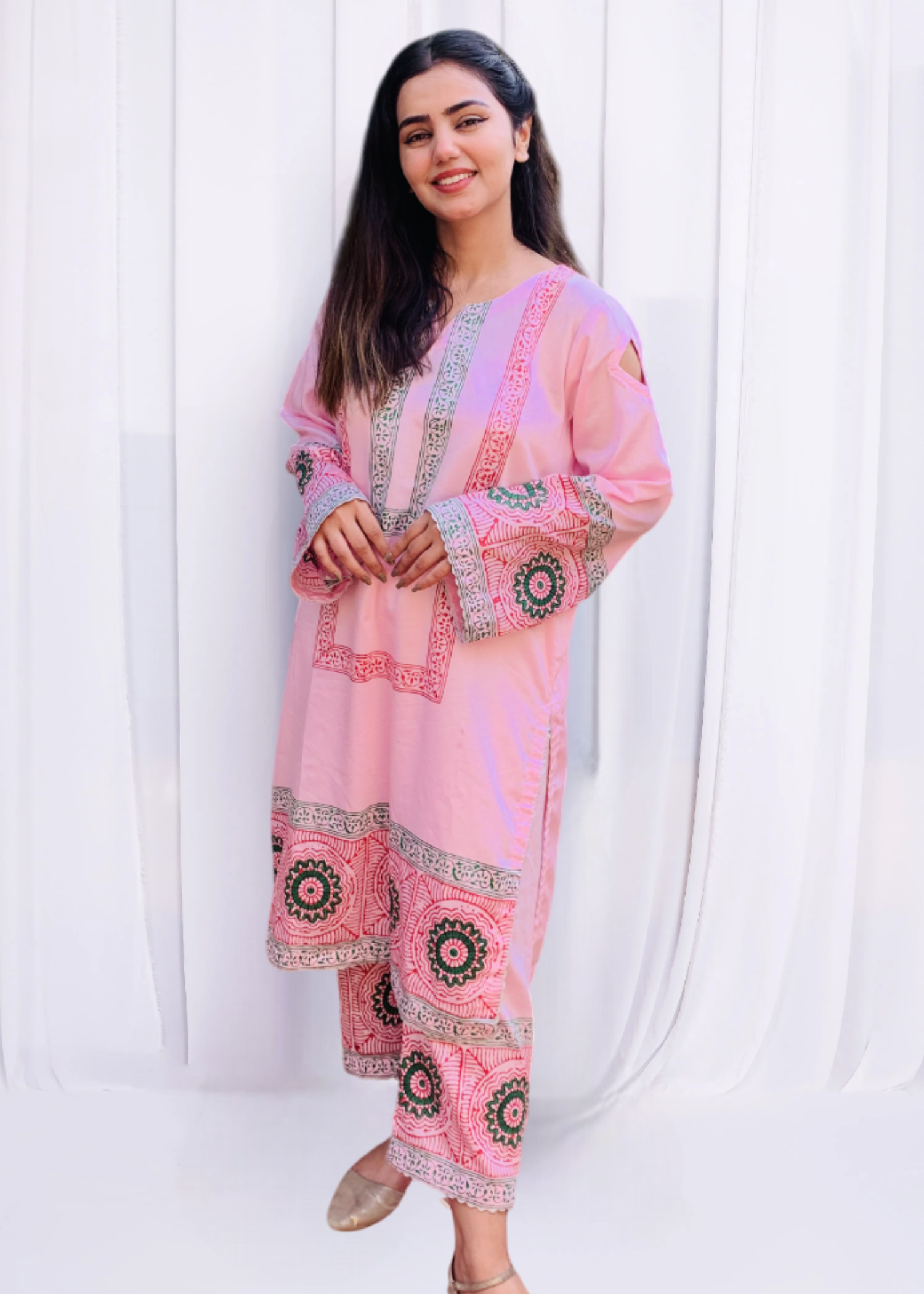 Pretbee Light Pink Cotton Suit with Multicolored Circular Patterns of block printing Women 2pcs