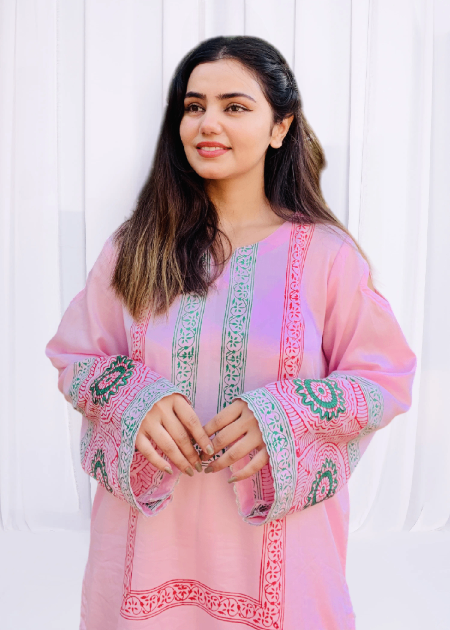 Pretbee Light Pink Cotton Suit with Multicolored Circular Patterns of block printing Women 2pcs