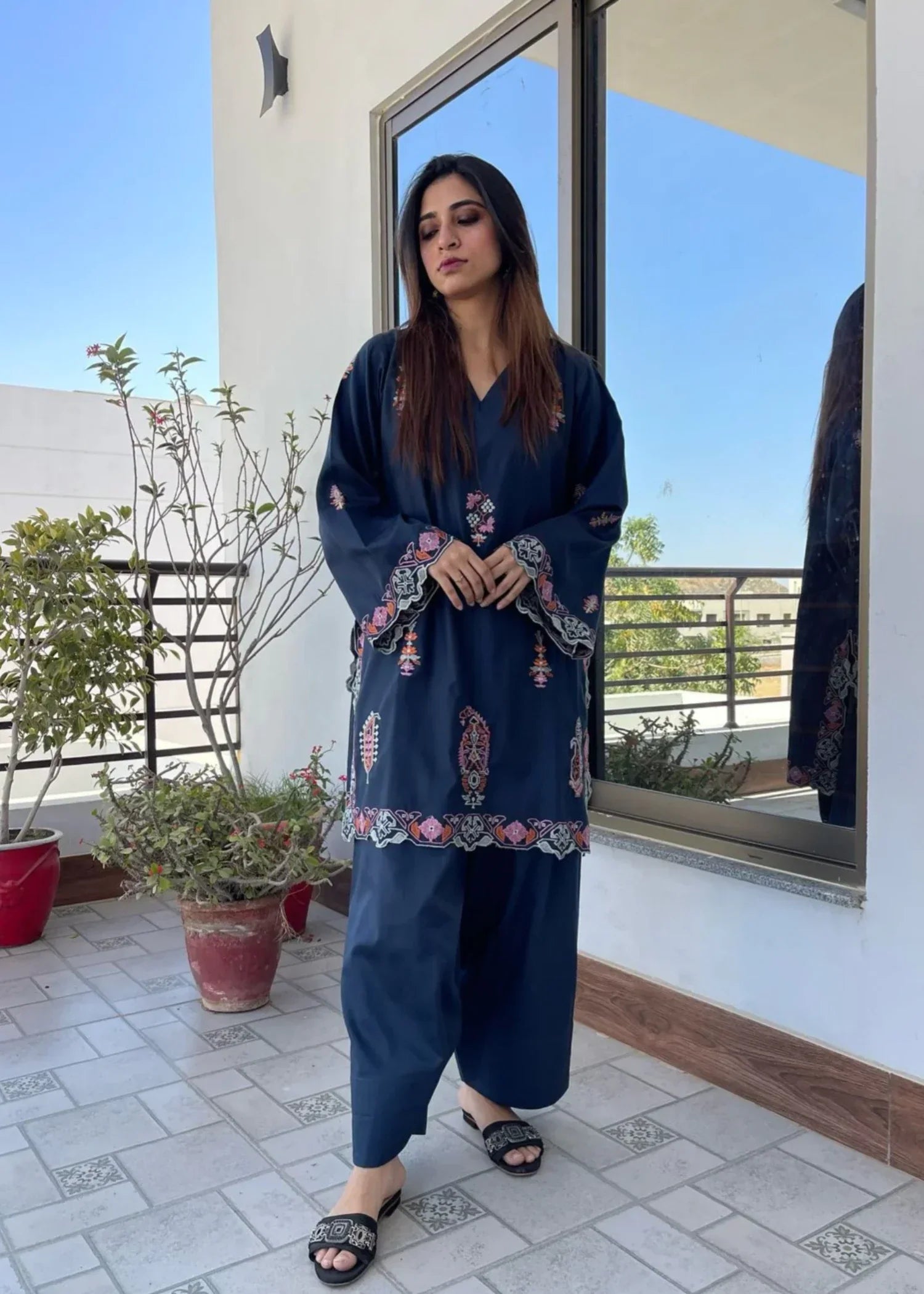 Urban Cut Cotton Satin Embroidered Co Ord Set with Farshi Shalwar Women 2pcs