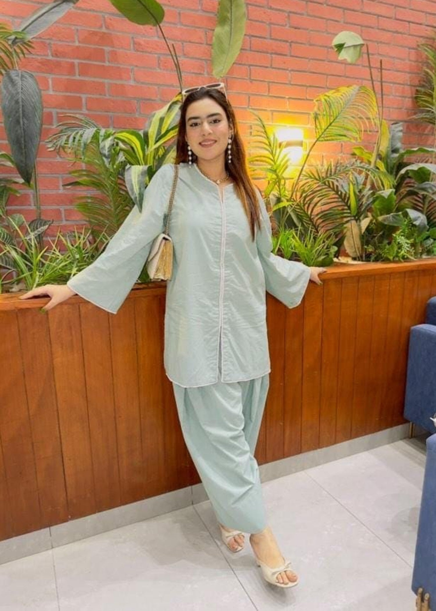 Urban Cut Cotton Embellished Co Ord Set with Farshi Shalwar ICE BLUE Women 2pcs