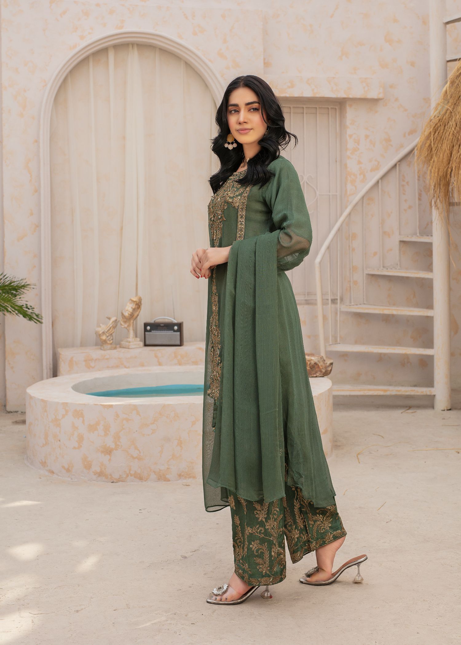 Pehnawa By Bin Akram’s TAIL TRESSURE GRN CHIFFON Women 3pcs