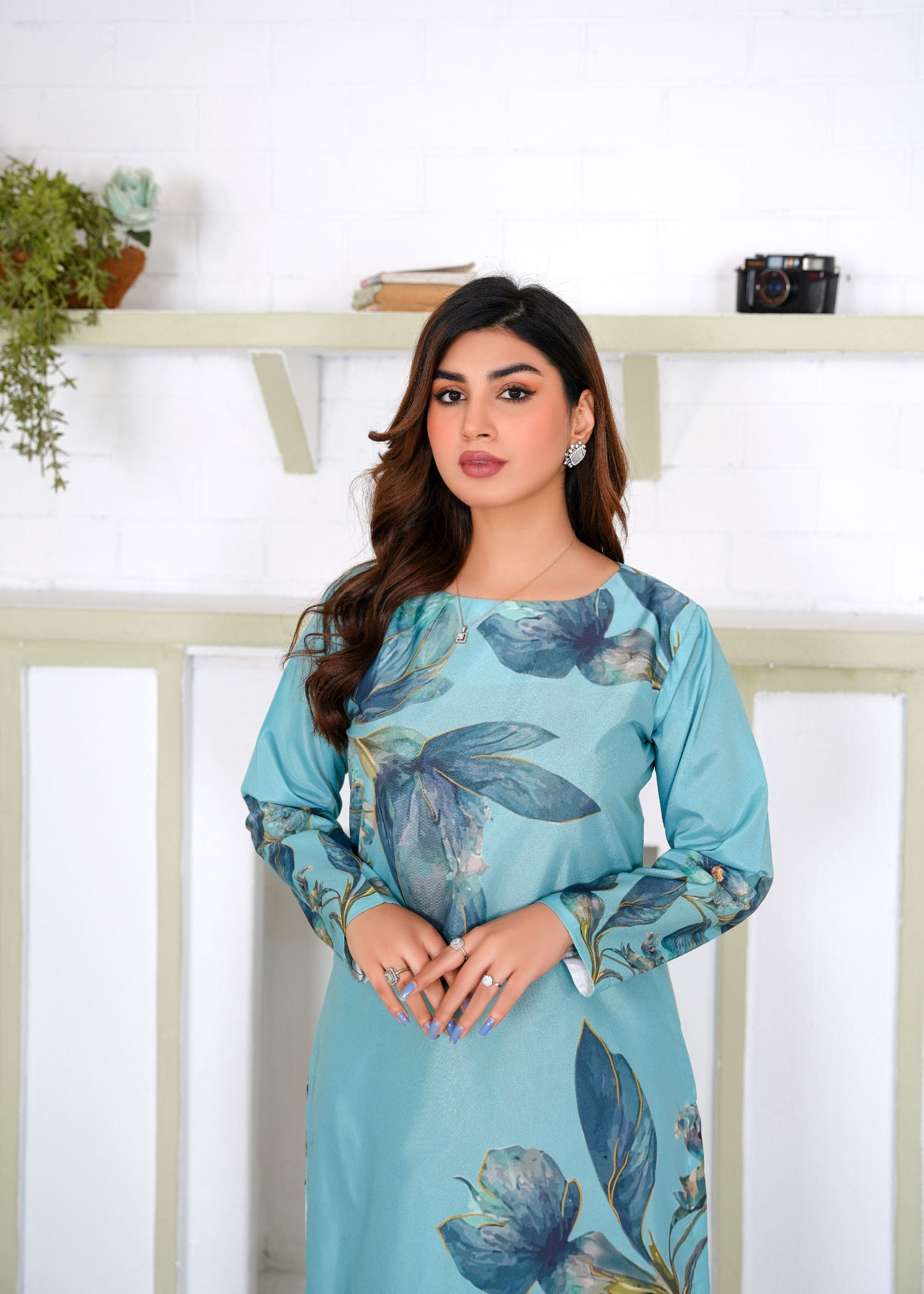 Athena Apparels Jada: Pacific Blue Color Long Shirt With A Touch Of Flower 387 Women 1pcs