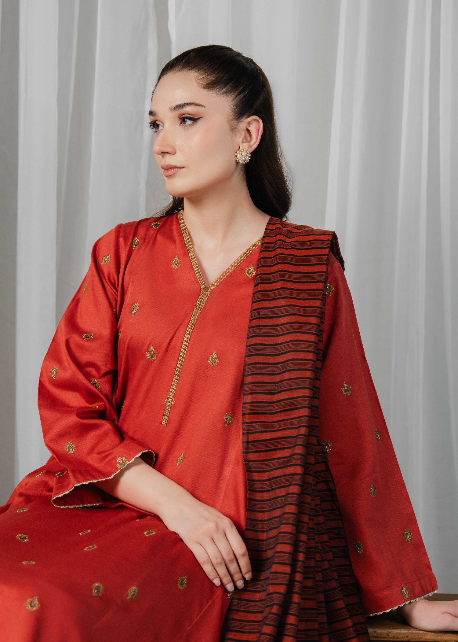 Buzzazi Rust Embroidered Suit Women 3pcs