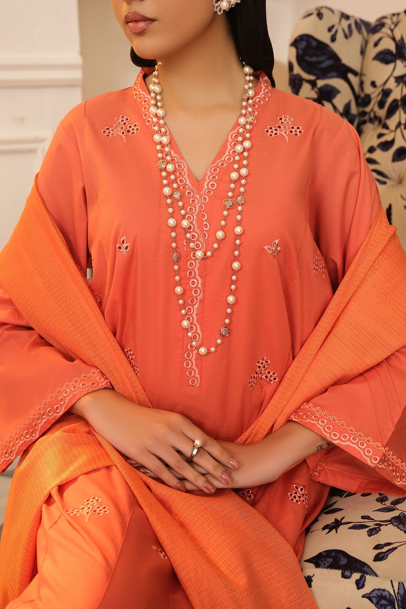 Buzzazi Orange Embroidered Suit Women 3pcs